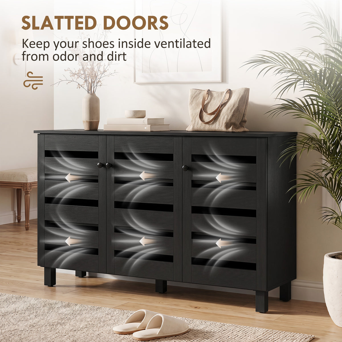 Shoe Cabinet, Shoe Storage Cabinet with 3 Slatted Doors, 3-tier Shelving Shoe Rack Cabinet with Adjustable Shelves for Entryway, Hallway, Living Room, Holds 15 Pairs, Black