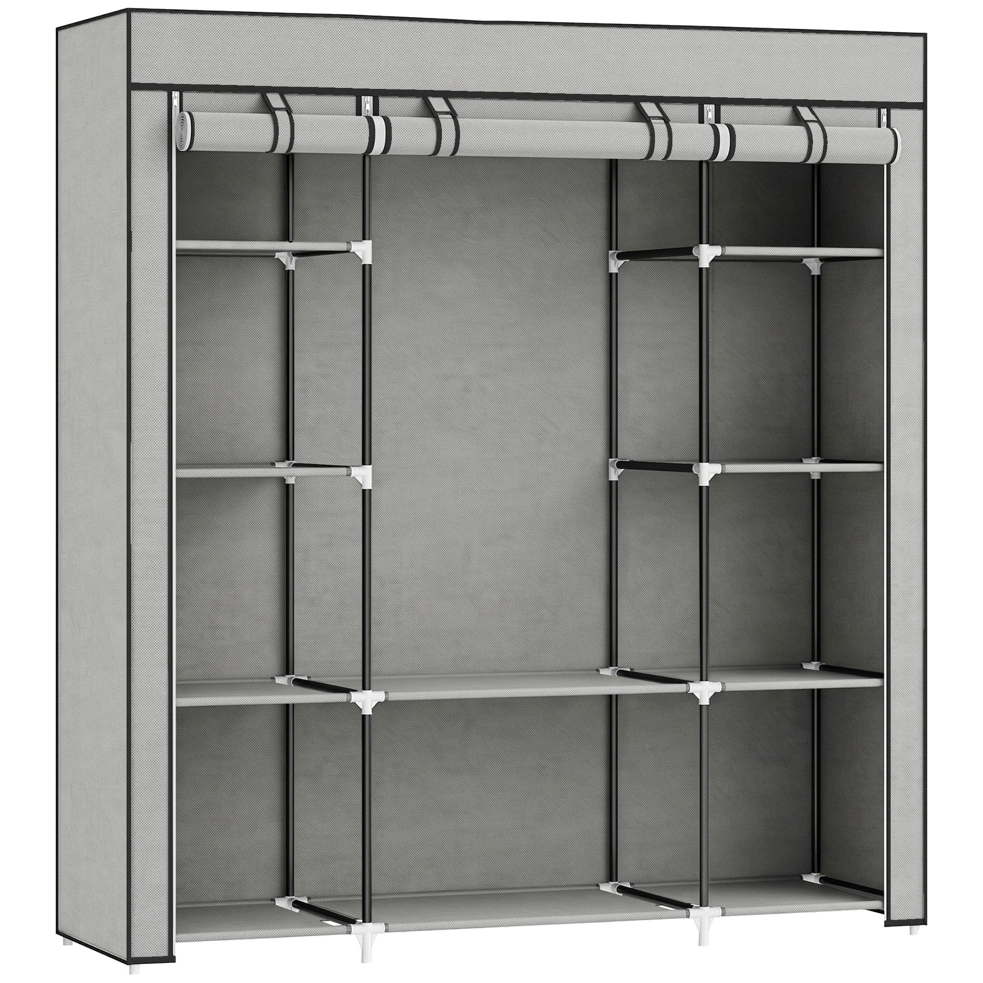 Portable Wardrobe, Foldable Fabric Wardrobe, 150 x 43 x 162.5cm, Clothes Storage Organiser with Hanging Rail, Shelves, Fabric Cover for Bedroom, Light Grey