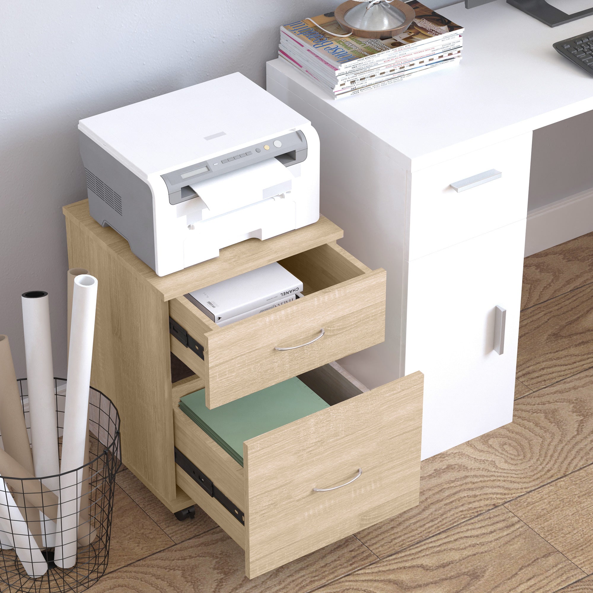 HOMCOM 2 Drawer Filing Cabinet with Wheels, Mobile Filing Cabinet for Home Office, Small Printer Stand, Oak