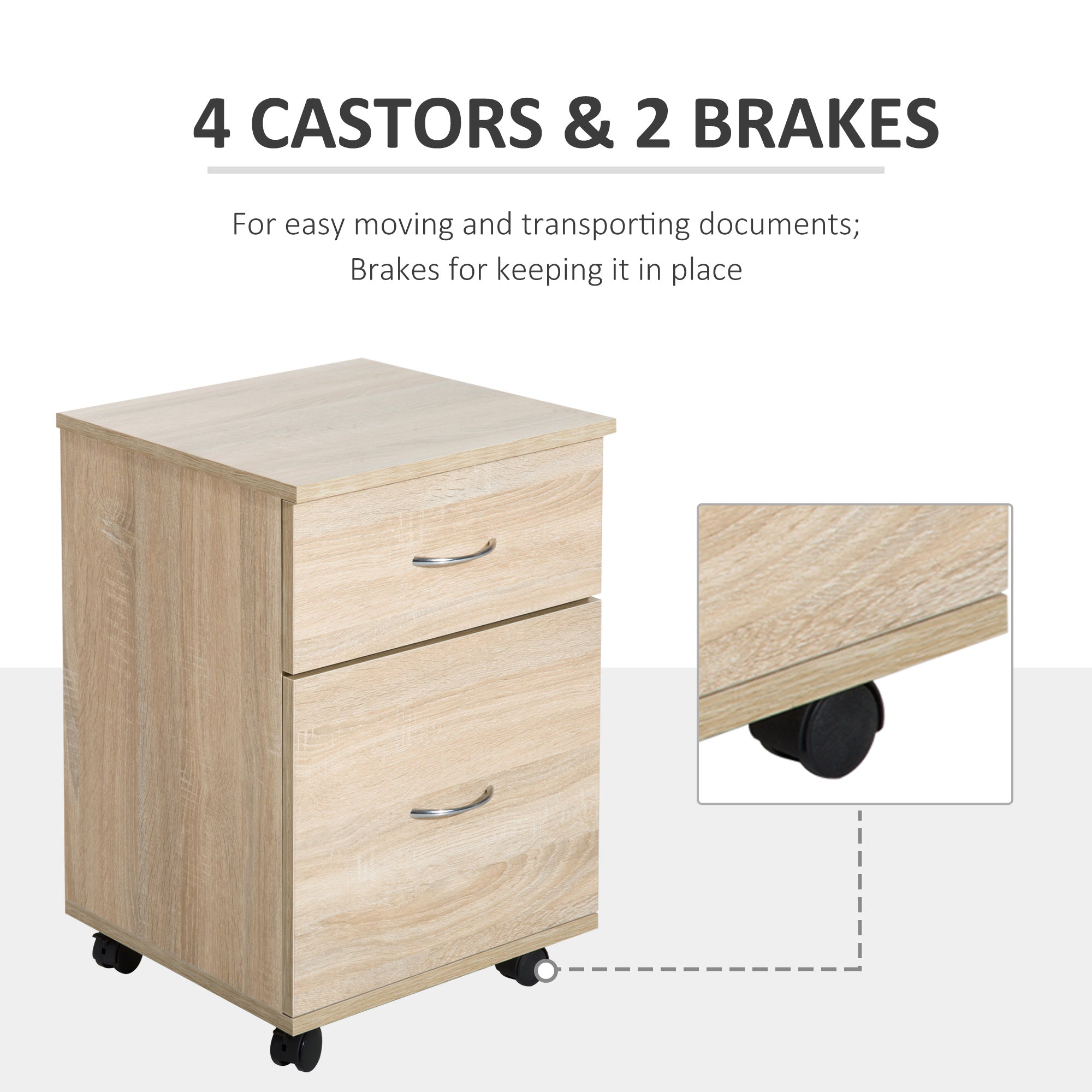 HOMCOM 2 Drawer Filing Cabinet with Wheels, Mobile Filing Cabinet for Home Office, Small Printer Stand, Oak
