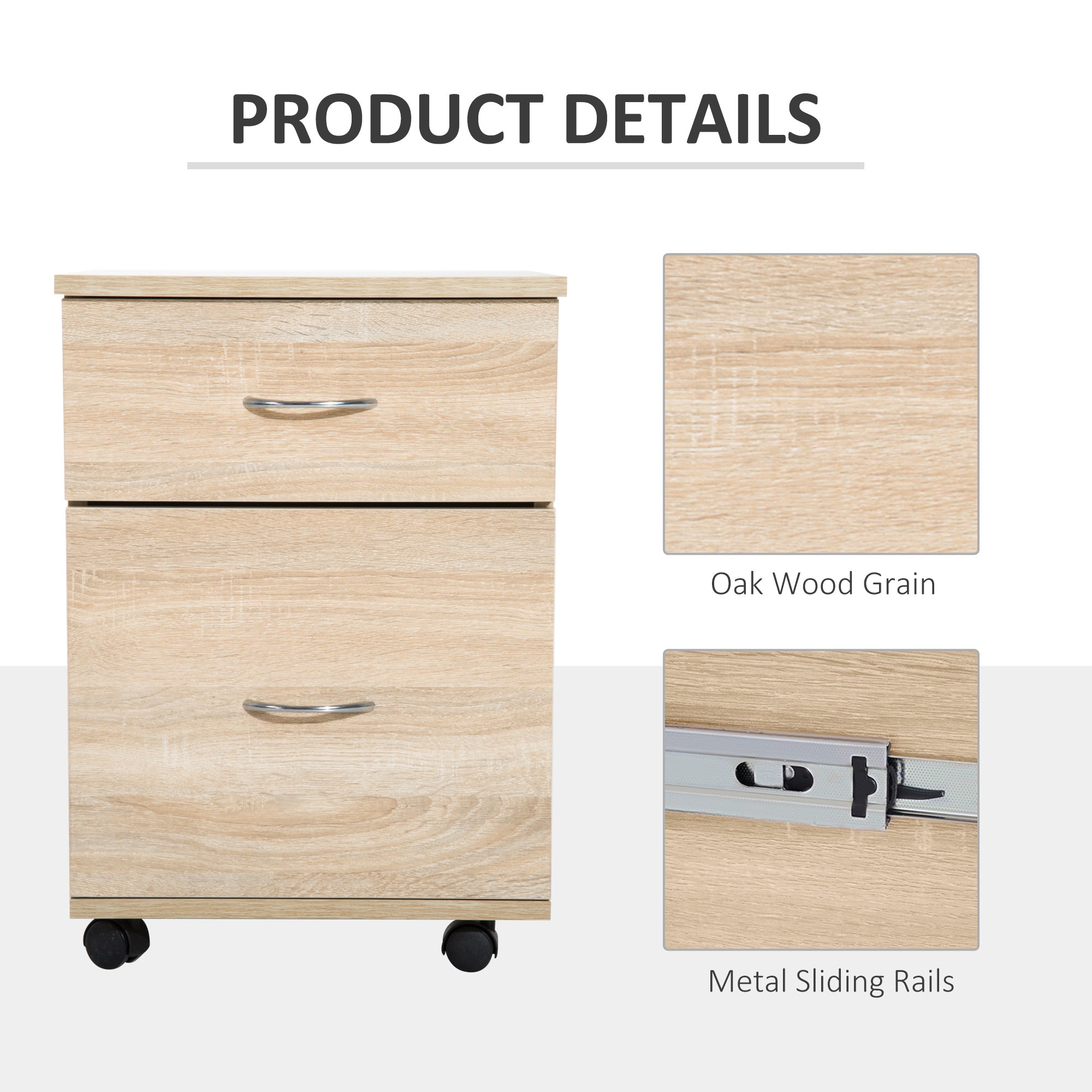 HOMCOM 2 Drawer Filing Cabinet with Wheels, Mobile Filing Cabinet for Home Office, Small Printer Stand, Oak