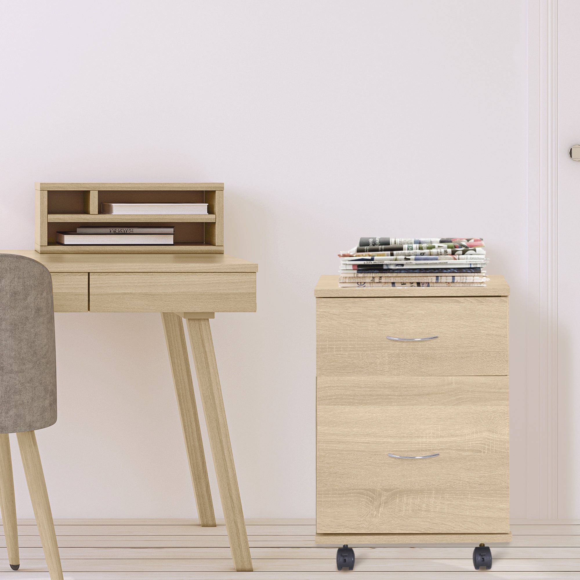 HOMCOM 2 Drawer Filing Cabinet with Wheels, Mobile Filing Cabinet for Home Office, Small Printer Stand, Oak