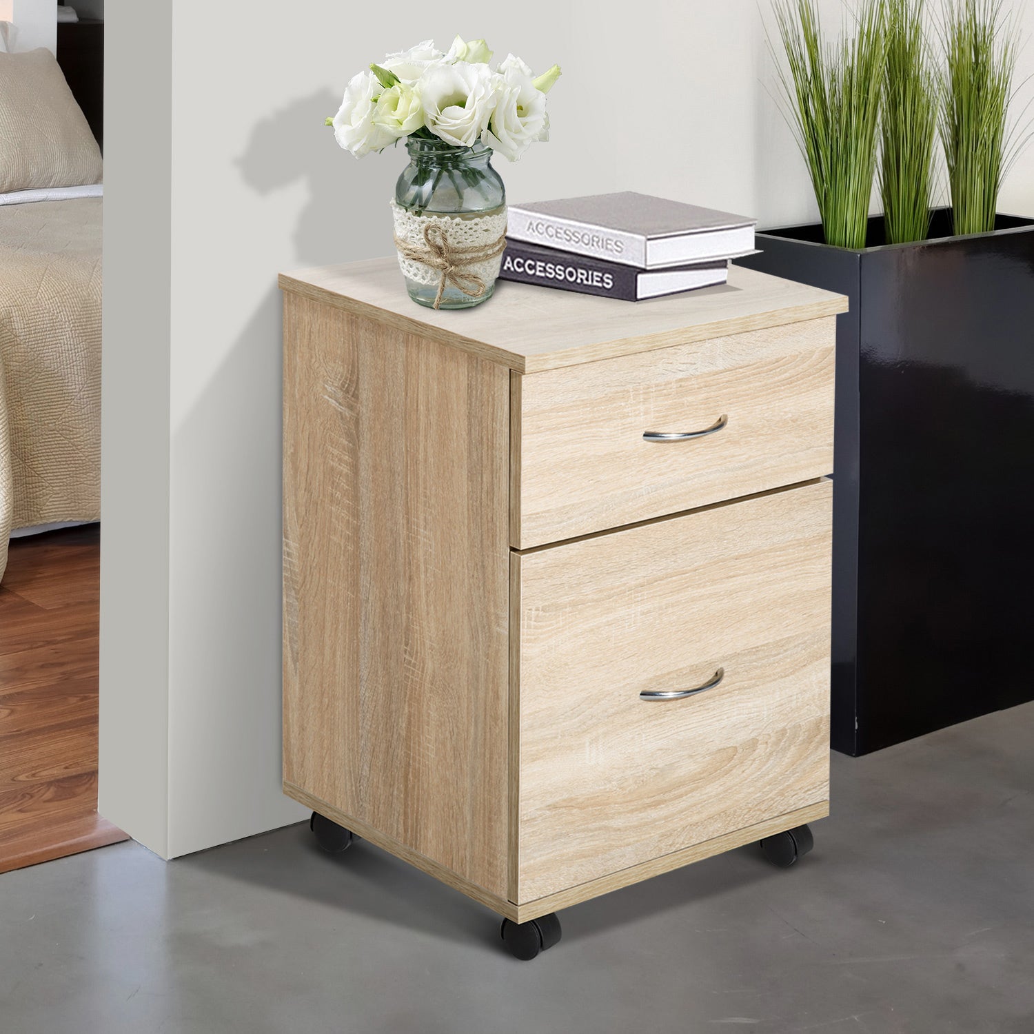 HOMCOM 2 Drawer Filing Cabinet with Wheels, Mobile Filing Cabinet for Home Office, Small Printer Stand, Oak