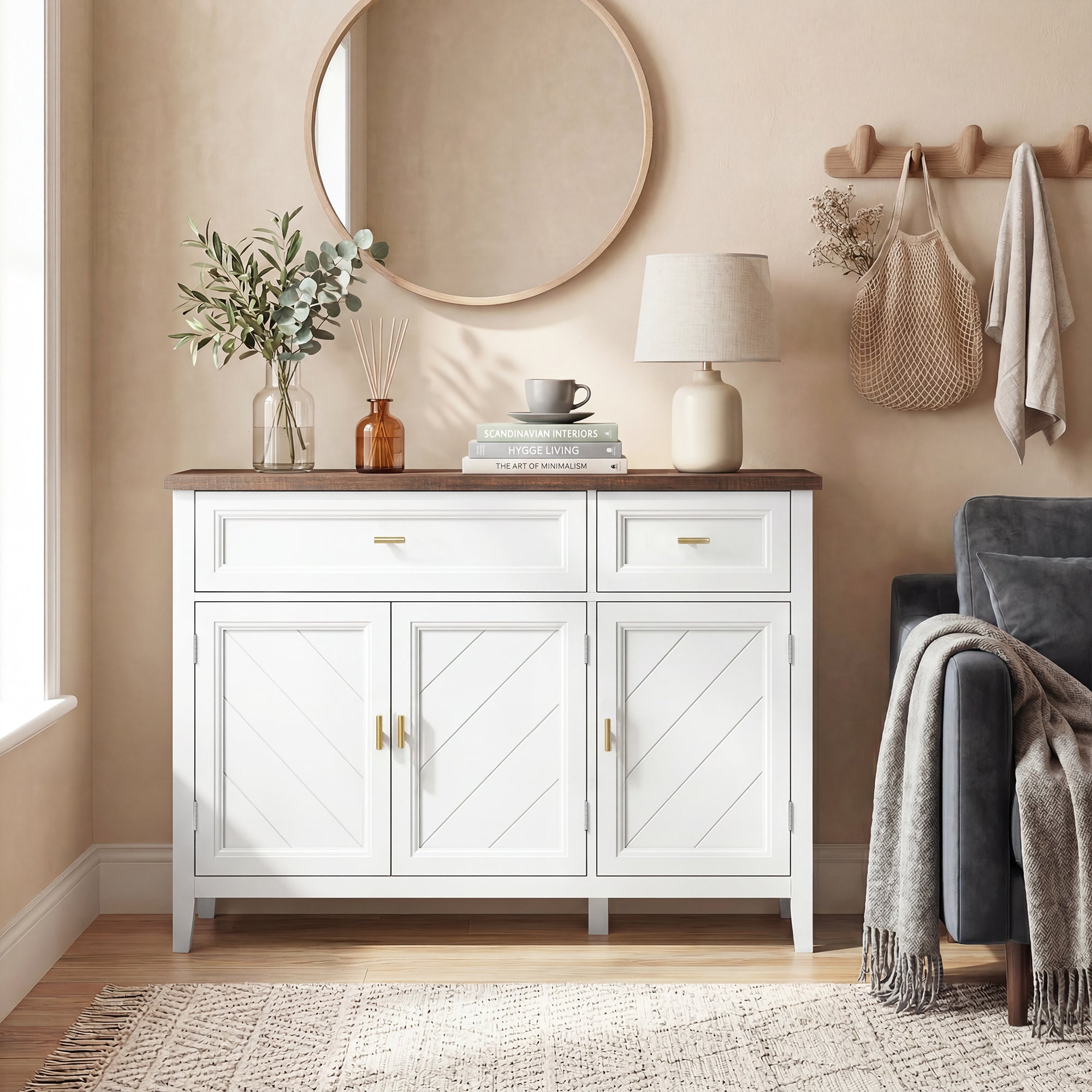 Sideboard with Thick Top, Modern Storage Cabinet, Kitchen Cupboard with 3 Doors, 2 Drawers and Adjustable Shelves for Dining Room, Living Room, White and Brown Wood Effect
