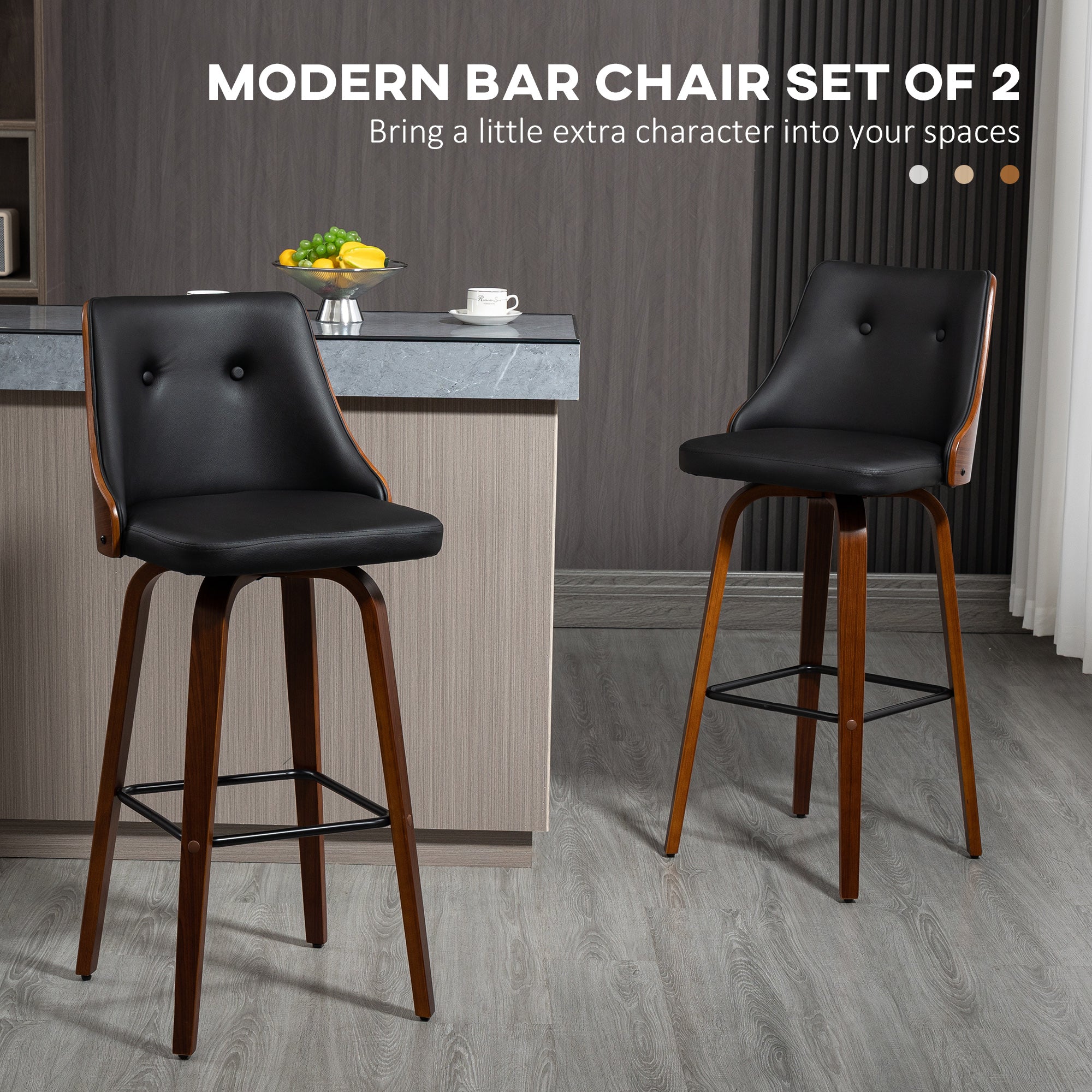 Bar Height Stools PU Leather Swivel Barstools with Footrest and Tufted Back Set of 2 Black