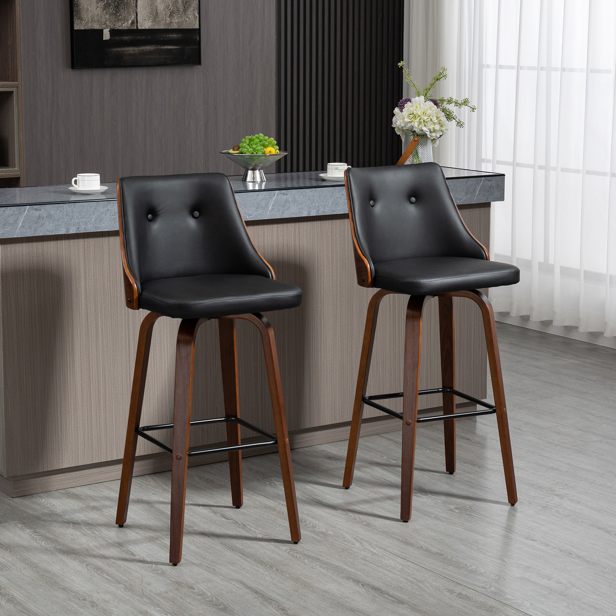 Bar Height Stools PU Leather Swivel Barstools with Footrest and Tufted Back Set of 2 Black