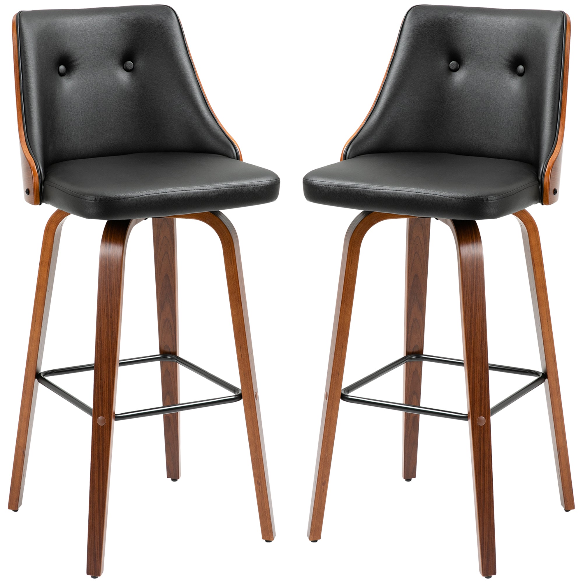 Bar Height Stools PU Leather Swivel Barstools with Footrest and Tufted Back Set of 2 Black