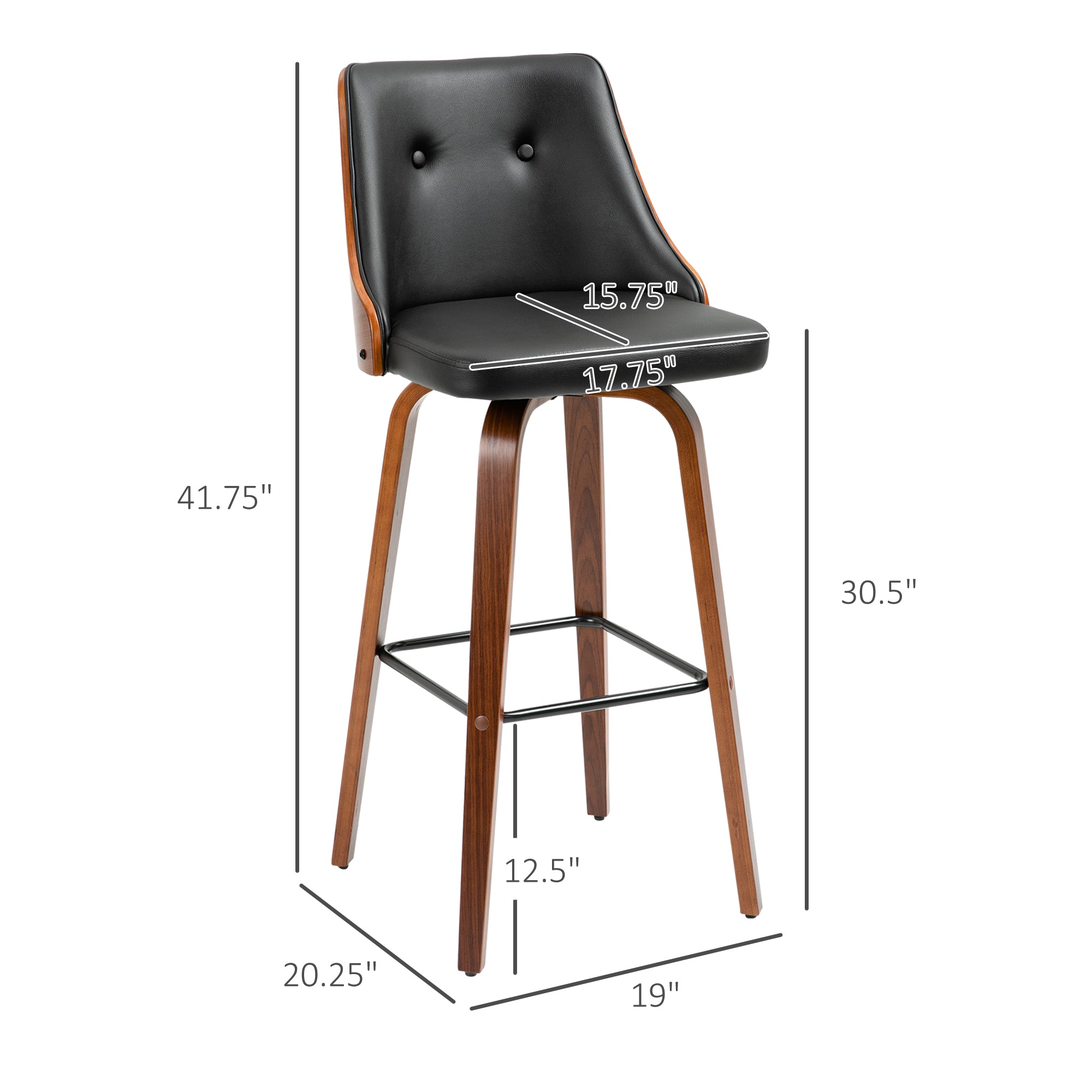 Bar Height Stools PU Leather Swivel Barstools with Footrest and Tufted Back Set of 2 Black