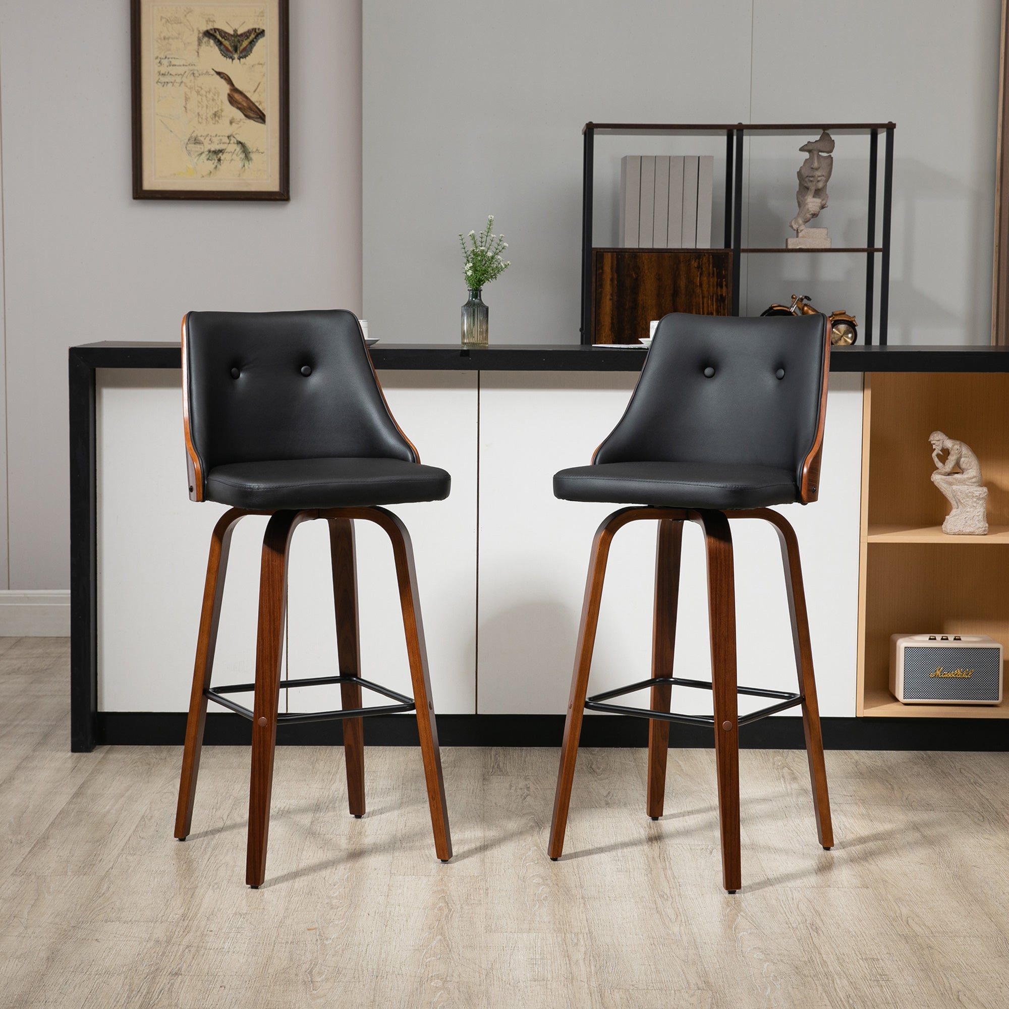 Bar Height Stools PU Leather Swivel Barstools with Footrest and Tufted Back Set of 2 Black