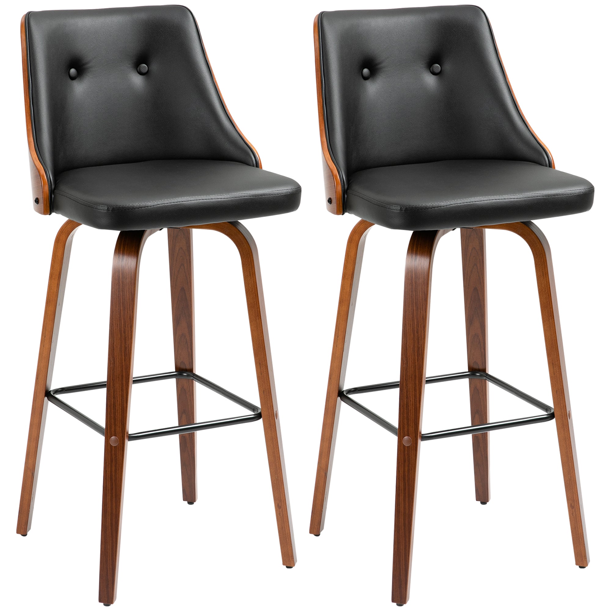 Bar Height Stools PU Leather Swivel Barstools with Footrest and Tufted Back Set of 2 Black