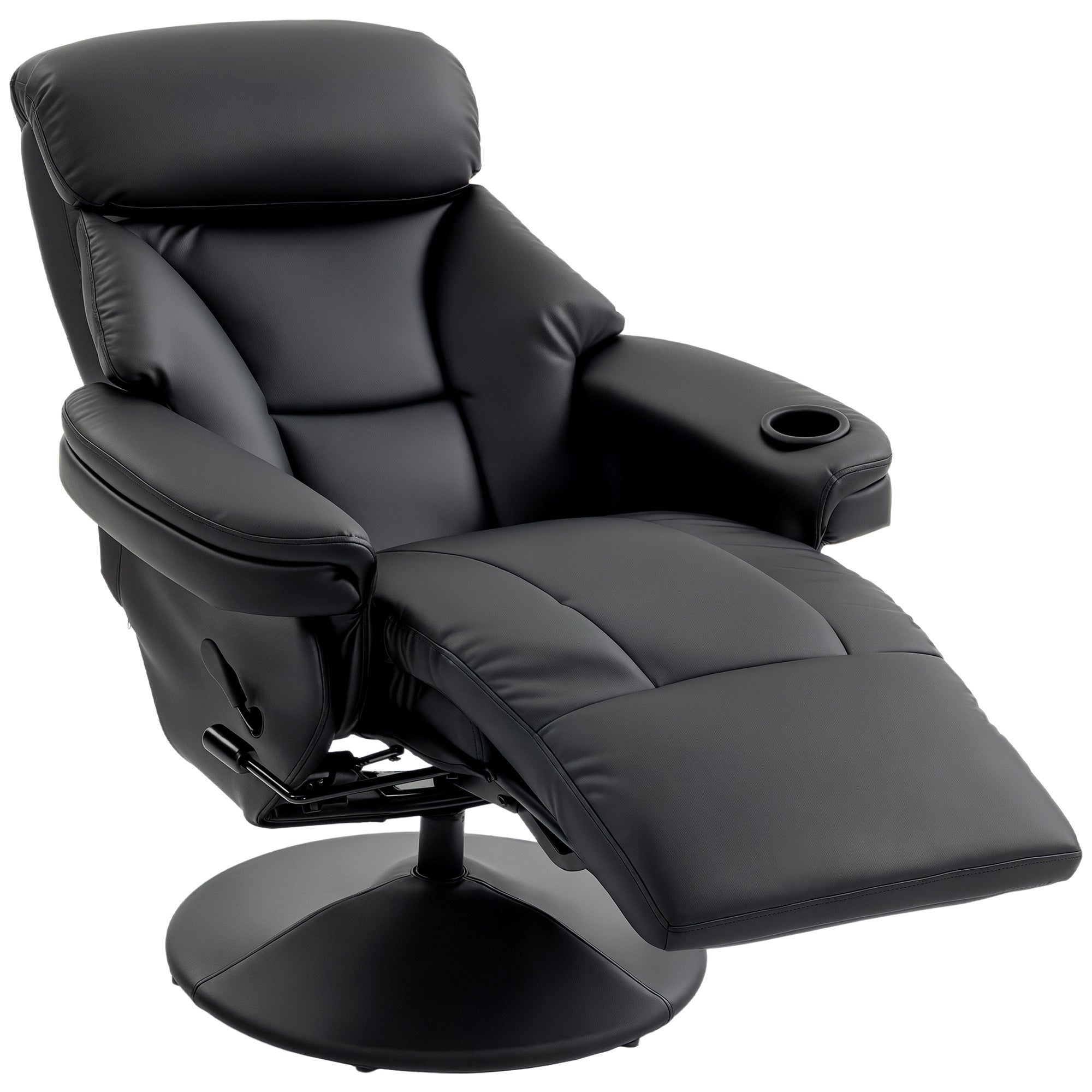 Manual Recliner Chair with Footrest, Upholstered Reclining Armchair with Adjustable Backrest and Cup Holder, PU Leather Swivel Chair for Living Room, Bedroom, Black