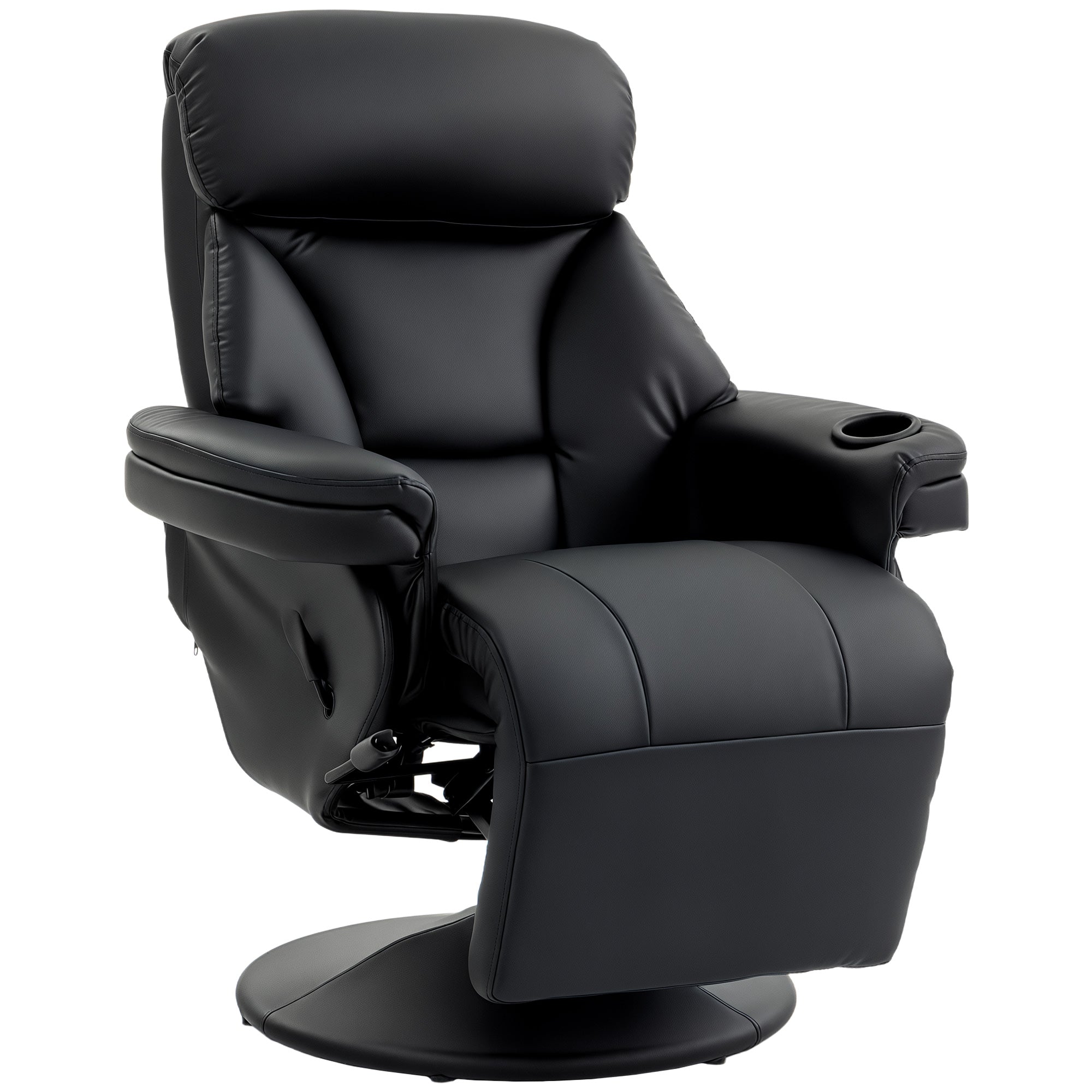 Manual Recliner Chair with Footrest, Upholstered Reclining Armchair with Adjustable Backrest and Cup Holder, PU Leather Swivel Chair for Living Room, Bedroom, Black