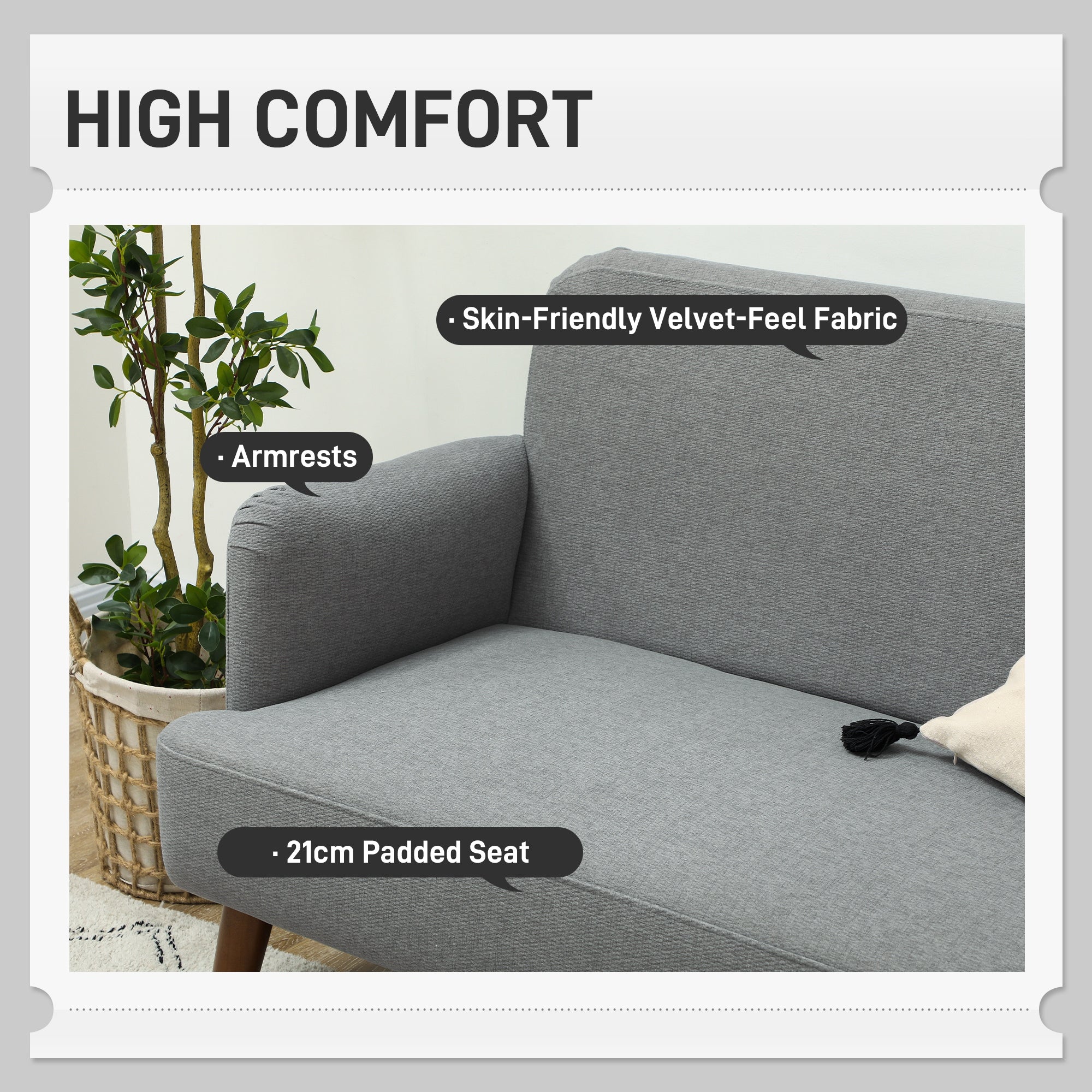 HOMCOM 2 Seater Sofa, Small Sofa Couch with 21cm Thick Padding and Wood Legs, Modern Velvet Feel Fabric Loveseat for Living Room, Bedroom, Home Office, Grey