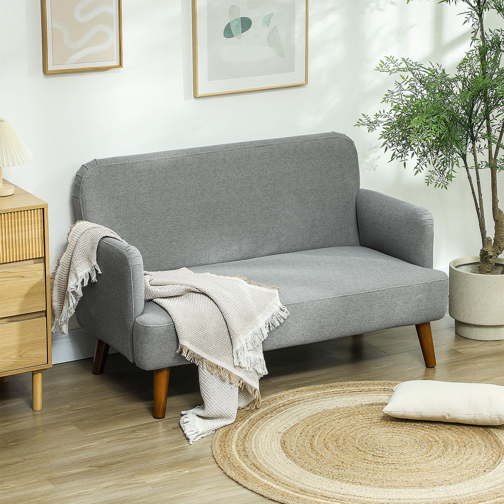 HOMCOM 2 Seater Sofa, Small Sofa Couch with 21cm Thick Padding and Wood Legs, Modern Velvet Feel Fabric Loveseat for Living Room, Bedroom, Home Office, Grey