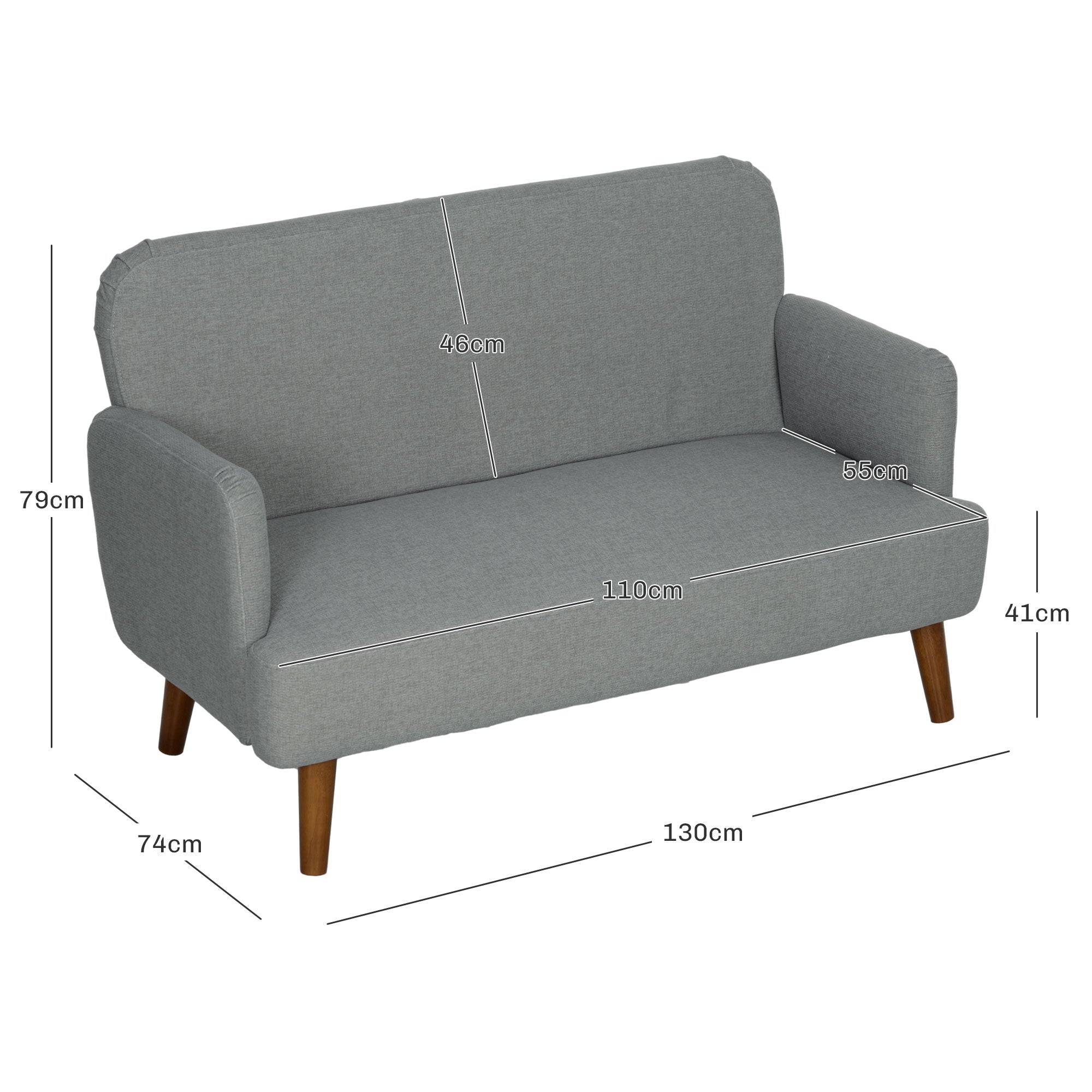 HOMCOM 2 Seater Sofa, Small Sofa Couch with 21cm Thick Padding and Wood Legs, Modern Velvet Feel Fabric Loveseat for Living Room, Bedroom, Home Office, Grey