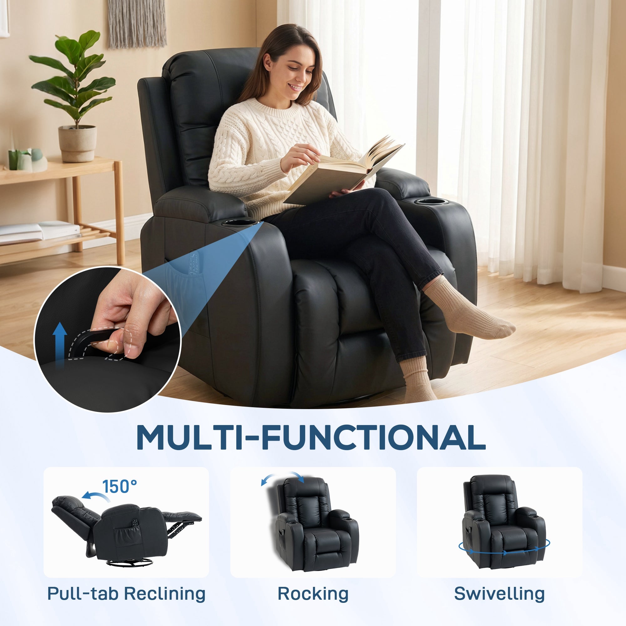 Recliner Armchair with Massage & Heat, PU Leather Recliner Chair with Extended Footrest, Cup Holders and Side Pockets, Swivel Rocking Manual Reclining Chair for Living Room, Black