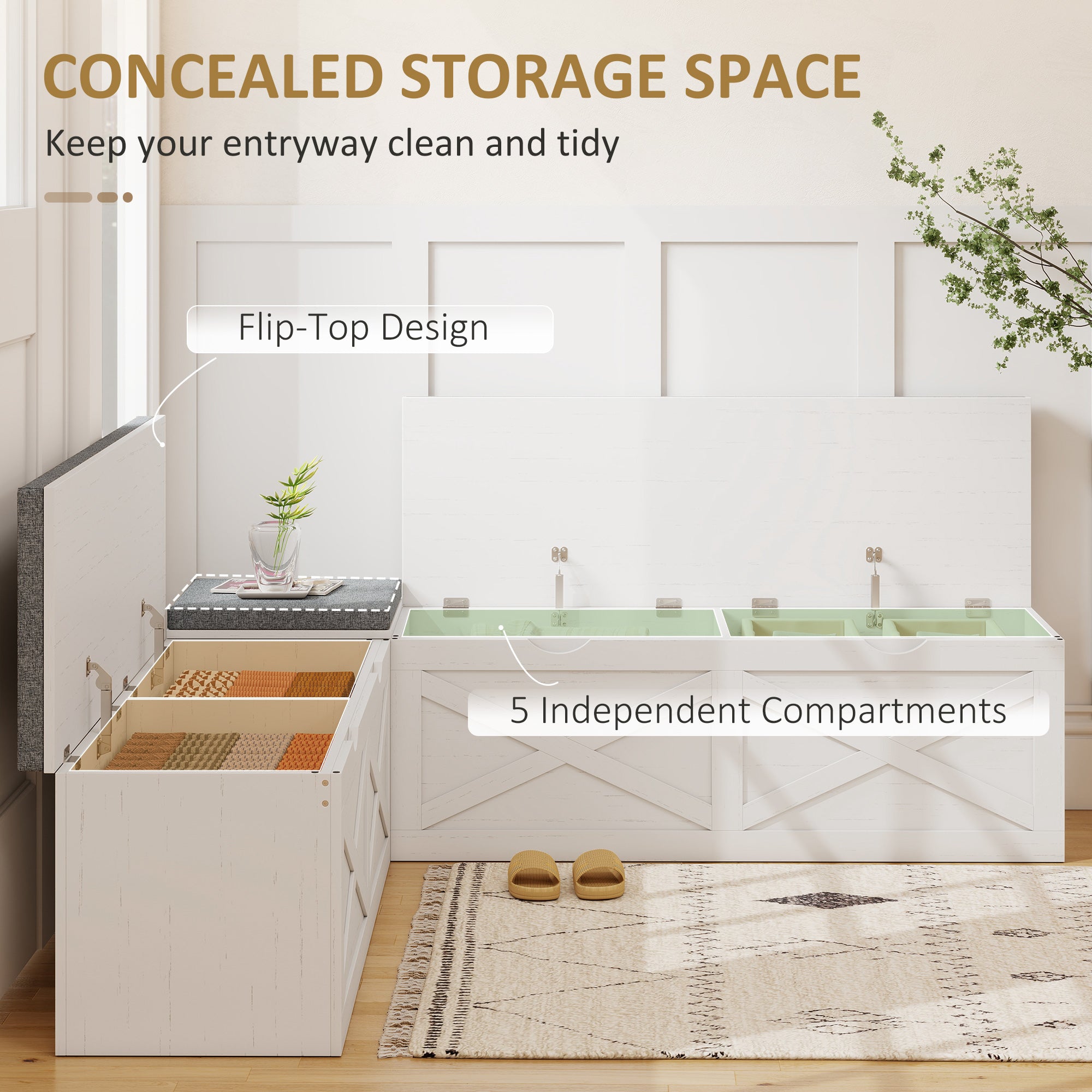 L-Shaped Shoe Bench with Padded Cushion, Modular Shoe Storage Bench with 5 Storage Compartments, Soft-Closing Design, Entryway Corner Bench for Hallway, White