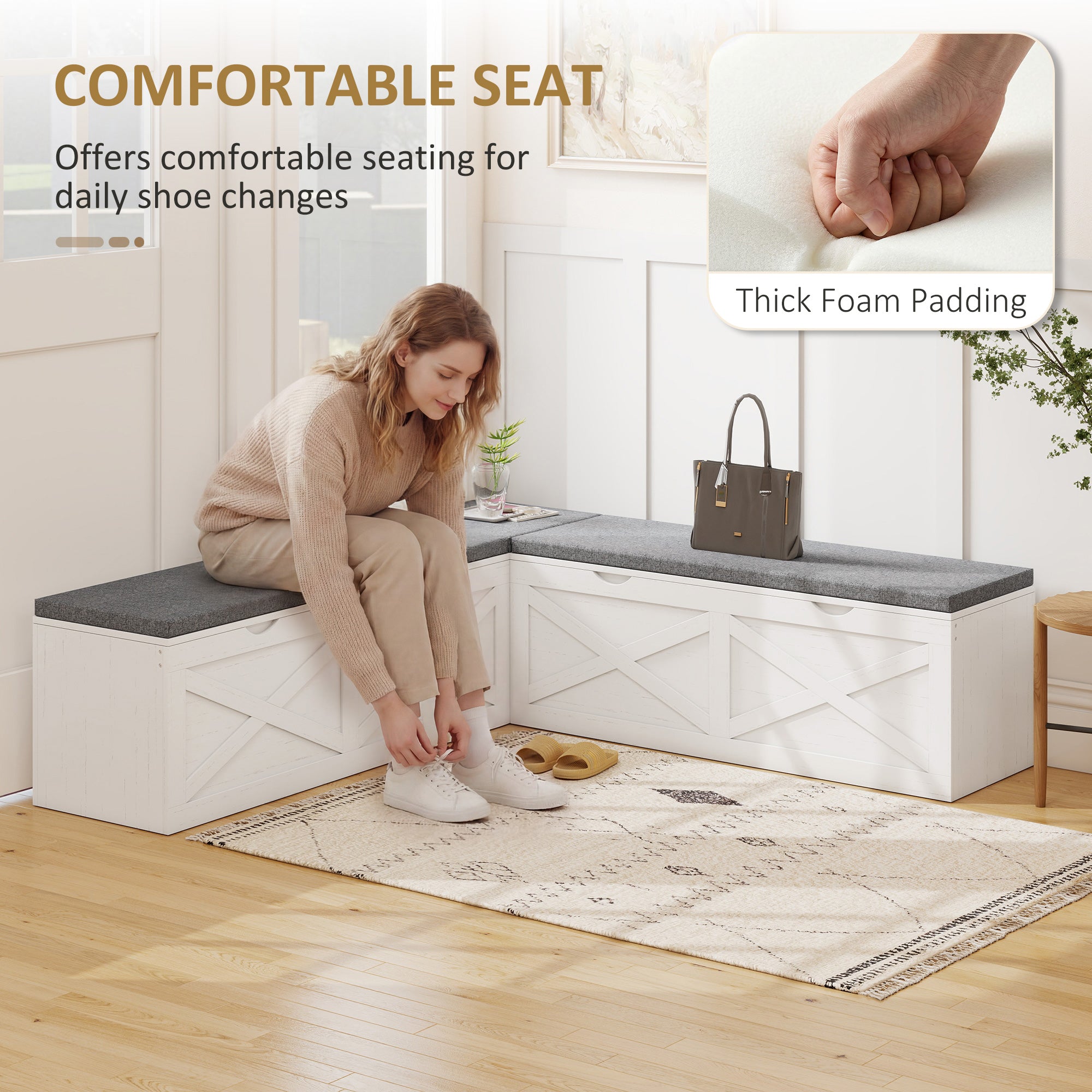 L-Shaped Shoe Bench with Padded Cushion, Modular Shoe Storage Bench with 5 Storage Compartments, Soft-Closing Design, Entryway Corner Bench for Hallway, White