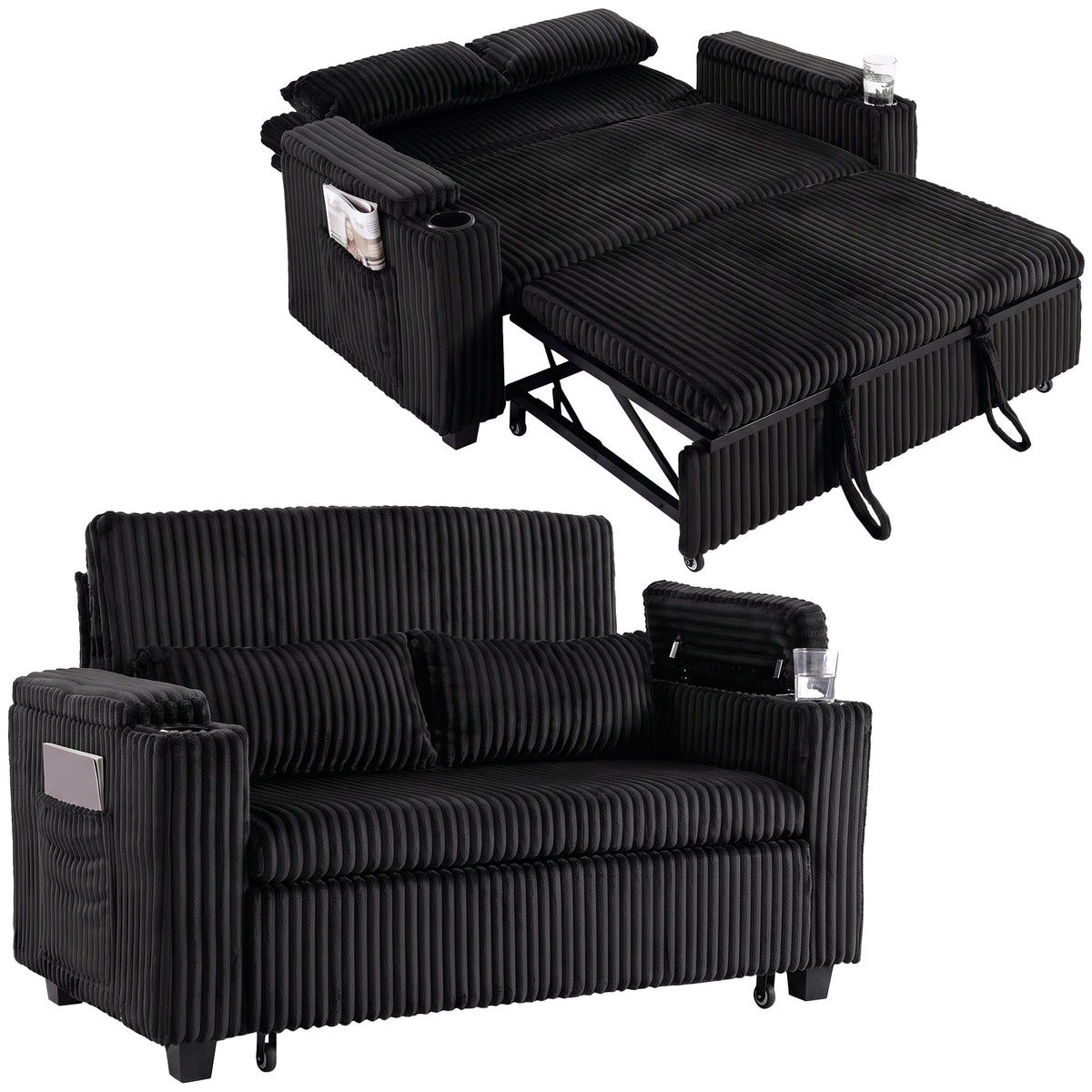 2 Seater Sofa Bed, 3-in-1 Convertible Pull Out Sleeper Sofa, Corduroy Loveseat Bed Settee with Adjustable Backrest, Storage Armrests, Cup Holders, Side Pockets for Living Room, Black