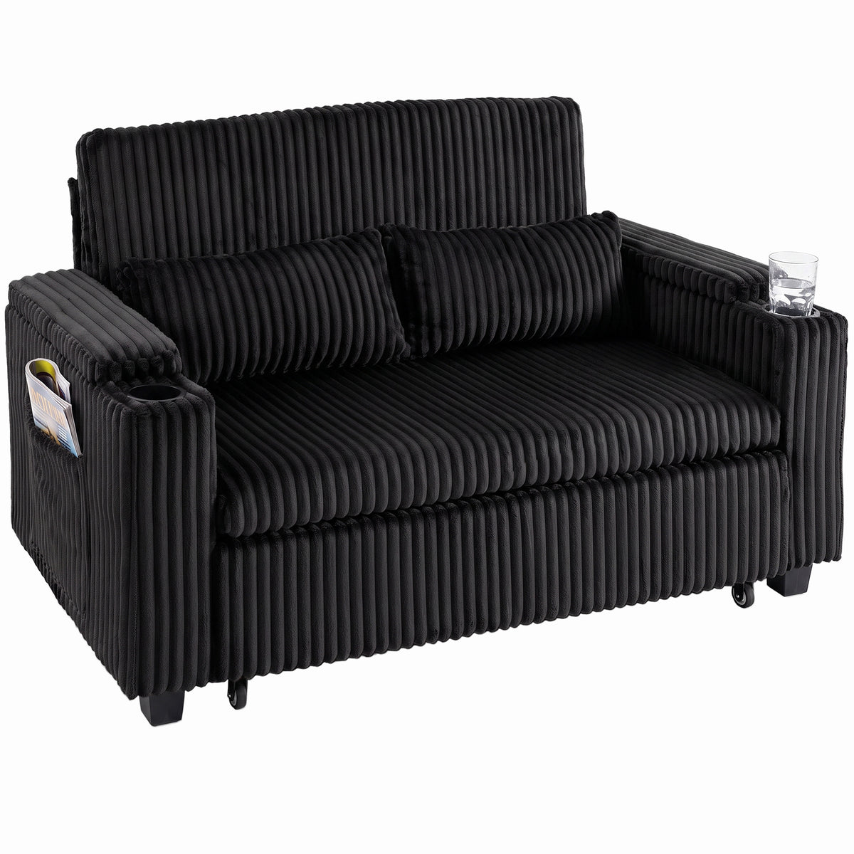 2 Seater Sofa Bed, 3-in-1 Convertible Pull Out Sleeper Sofa, Corduroy Loveseat Bed Settee with Adjustable Backrest, Storage Armrests, Cup Holders, Side Pockets for Living Room, Black