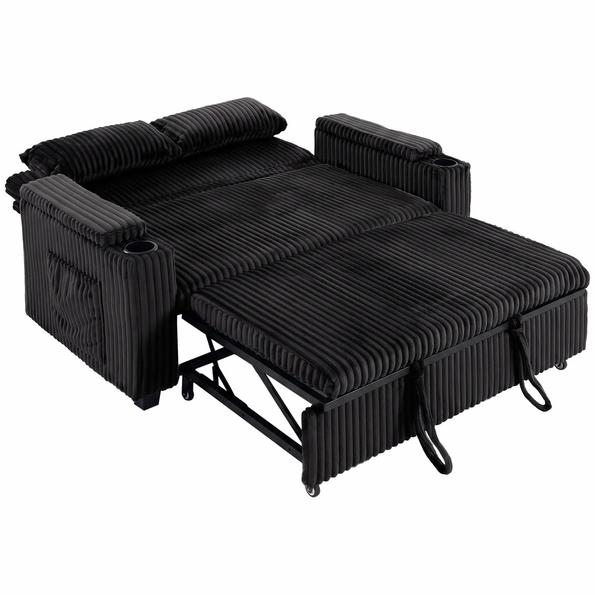 2 Seater Sofa Bed, 3-in-1 Convertible Pull Out Sleeper Sofa, Corduroy Loveseat Bed Settee with Adjustable Backrest, Storage Armrests, Cup Holders, Side Pockets for Living Room, Black