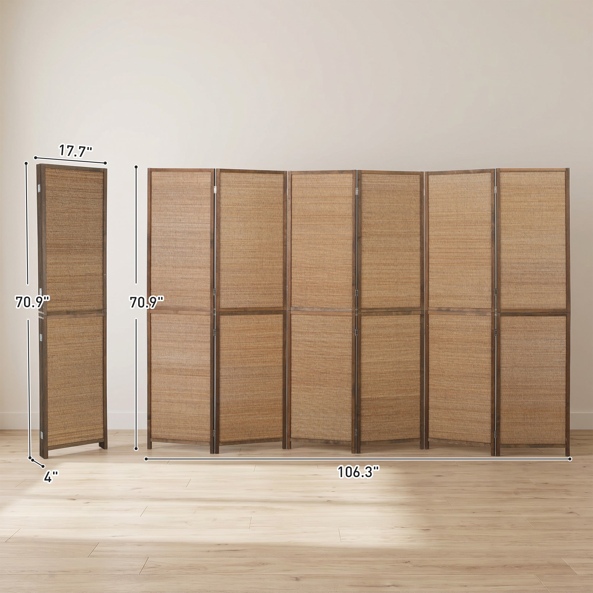 Room Divider, 6 FT Tall Folding Privacy Screen, 6 Panel Hand-Woven Bamboo Wall Partition for Room Separation, Portable Boho Freestanding Wall Divider for Bedroom, Home Office, Brown