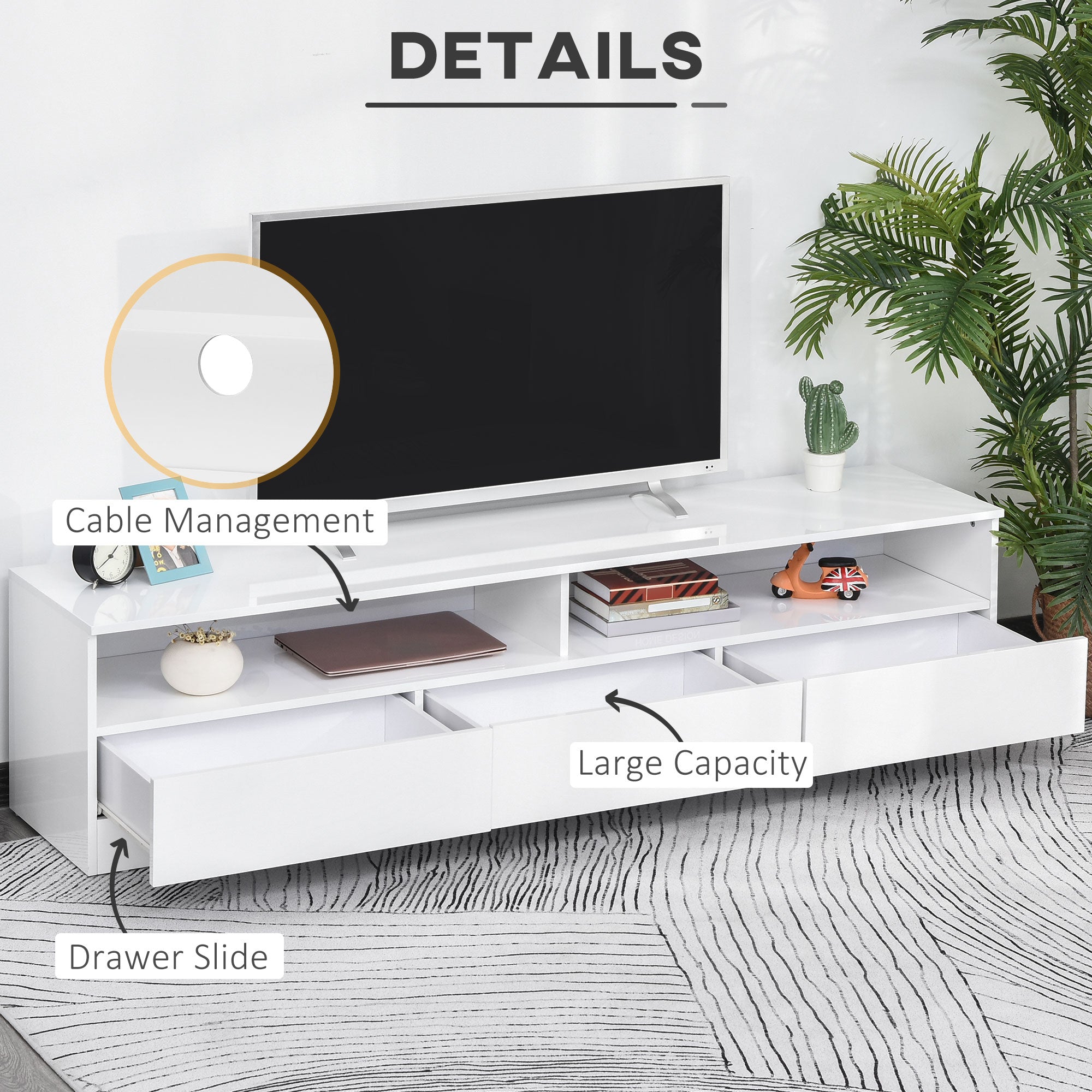 HOMCOM High Gloss LED TV Cabinet Stand for TVs up to 75", Home Entertainment Center Modern TV Storage Unit, White