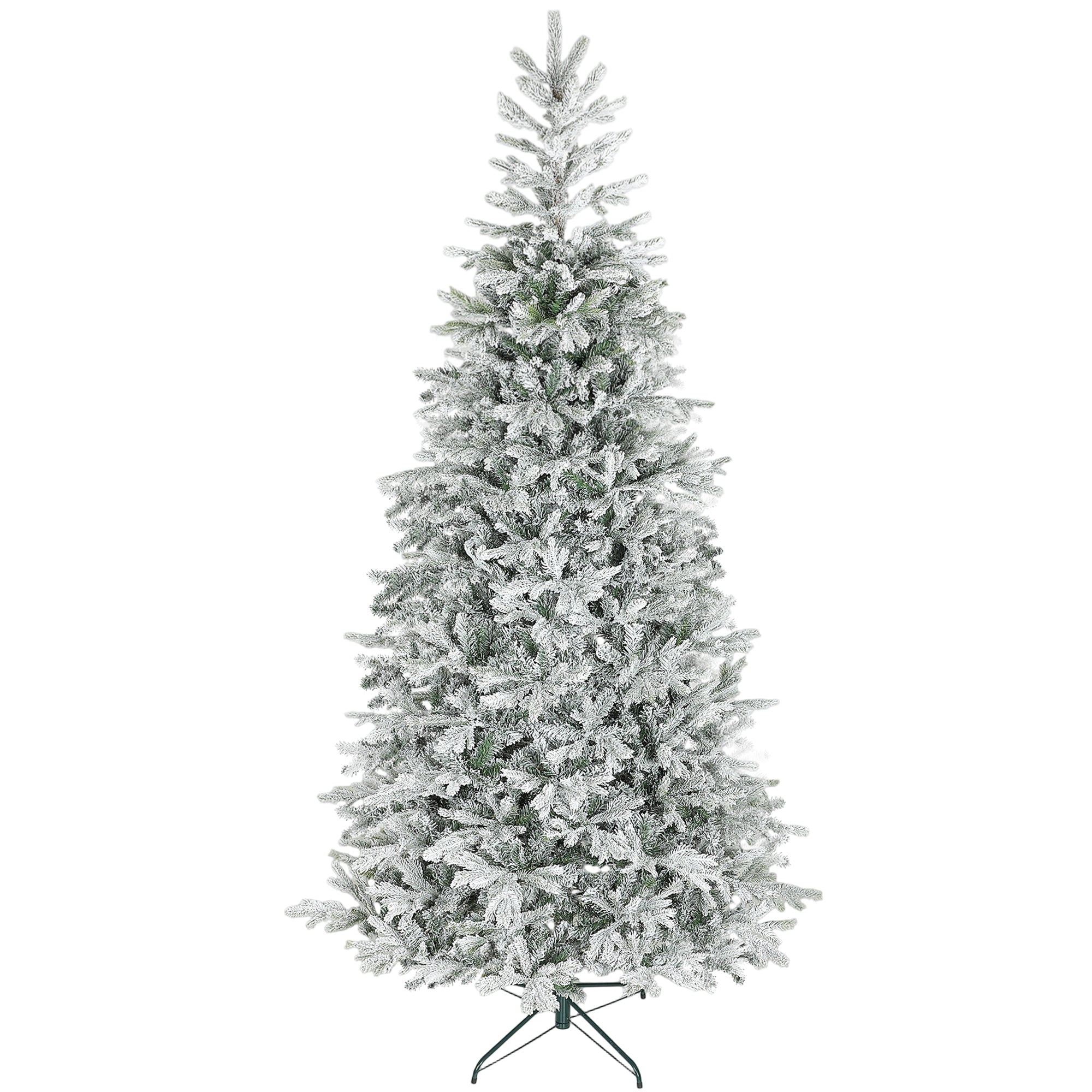 9ft Artificial Spruce Slim Christmas Tree, Snow Flocked Xmas Tree w/ 2,514 Branch Tips, Foldable Metal Stand and Hinged Branches, Noble Holiday Decor