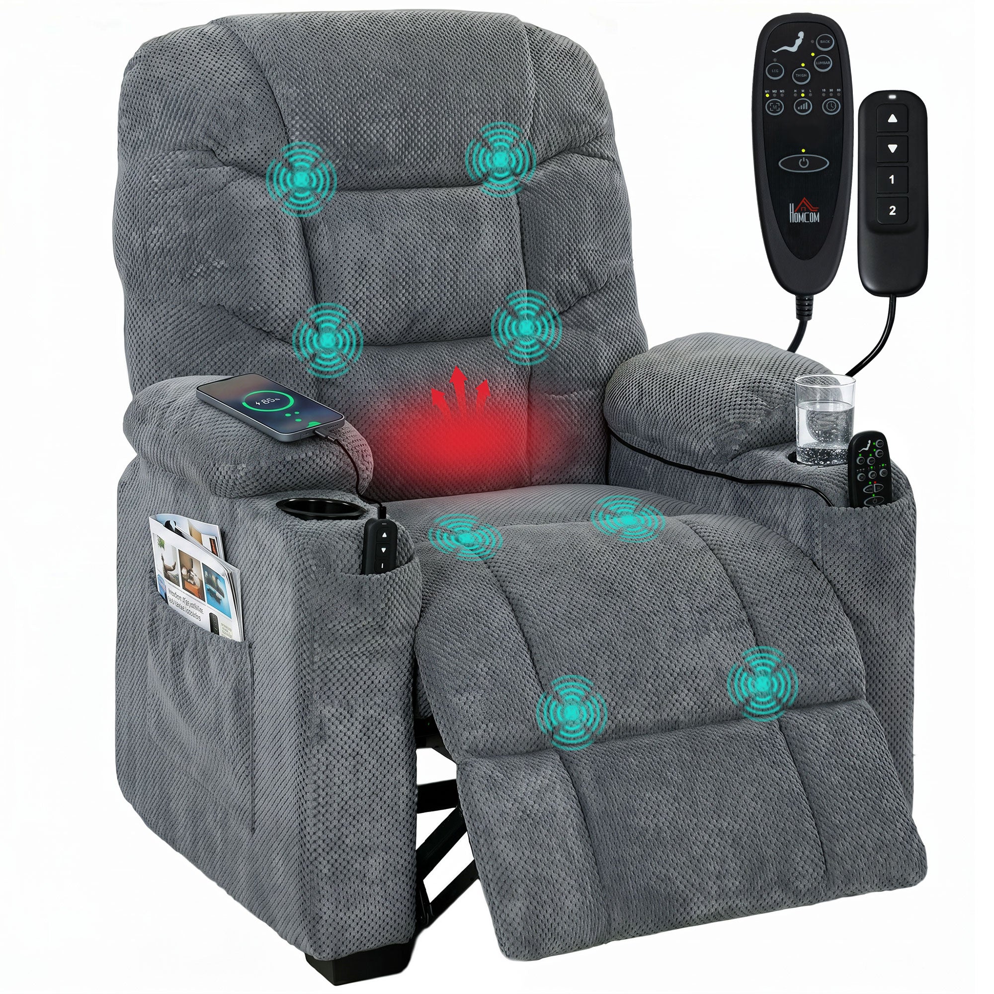 Recliner Armchair with Vibration Massage, Heat, Whisper-Quiet Motor, Memory Function, Fleece Power Reclining Chair with Spring Pack, USB Port, Footrest, Side Pockets, Cup Holders, Dark Grey