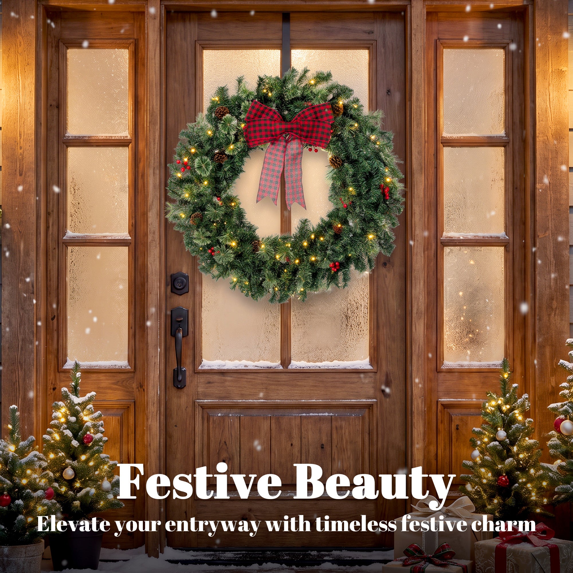 36 in Pre-Lit Crestwood Spruce Artificial Christmas Wreath, Christmas Decoration with Bow, 100 LED Lights, 330 Tips, 8 Modes, Red Berries, Pinecones for Door, Indoor Covered Outdoor, Green