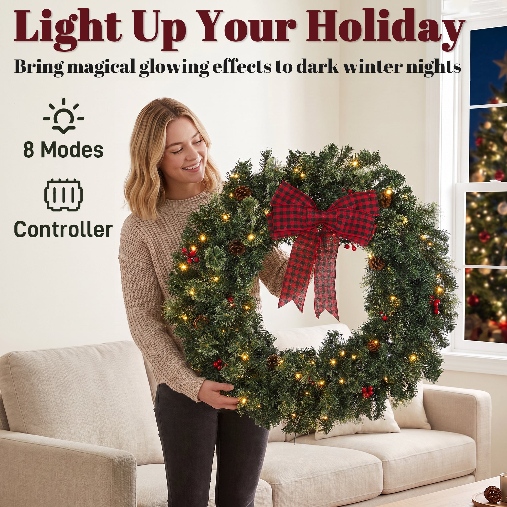 36 in Pre-Lit Crestwood Spruce Artificial Christmas Wreath, Christmas Decoration with Bow, 100 LED Lights, 330 Tips, 8 Modes, Red Berries, Pinecones for Door, Indoor Covered Outdoor, Green