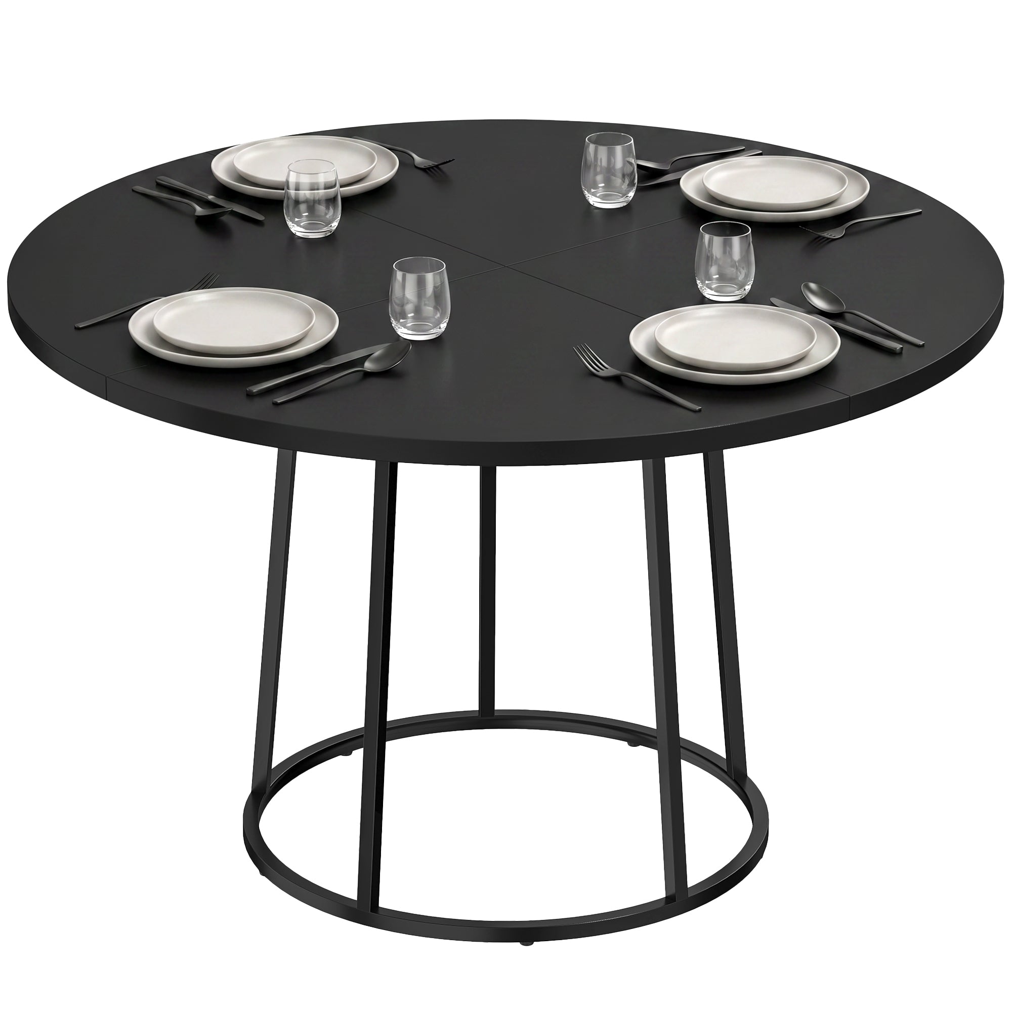 Modern Industrial Dining Table for 4-6 People, 120 cm Round Kitchen Table with Spliced Top and Conical Metal Base for Dining Room, Kitchen, Living Room, Black