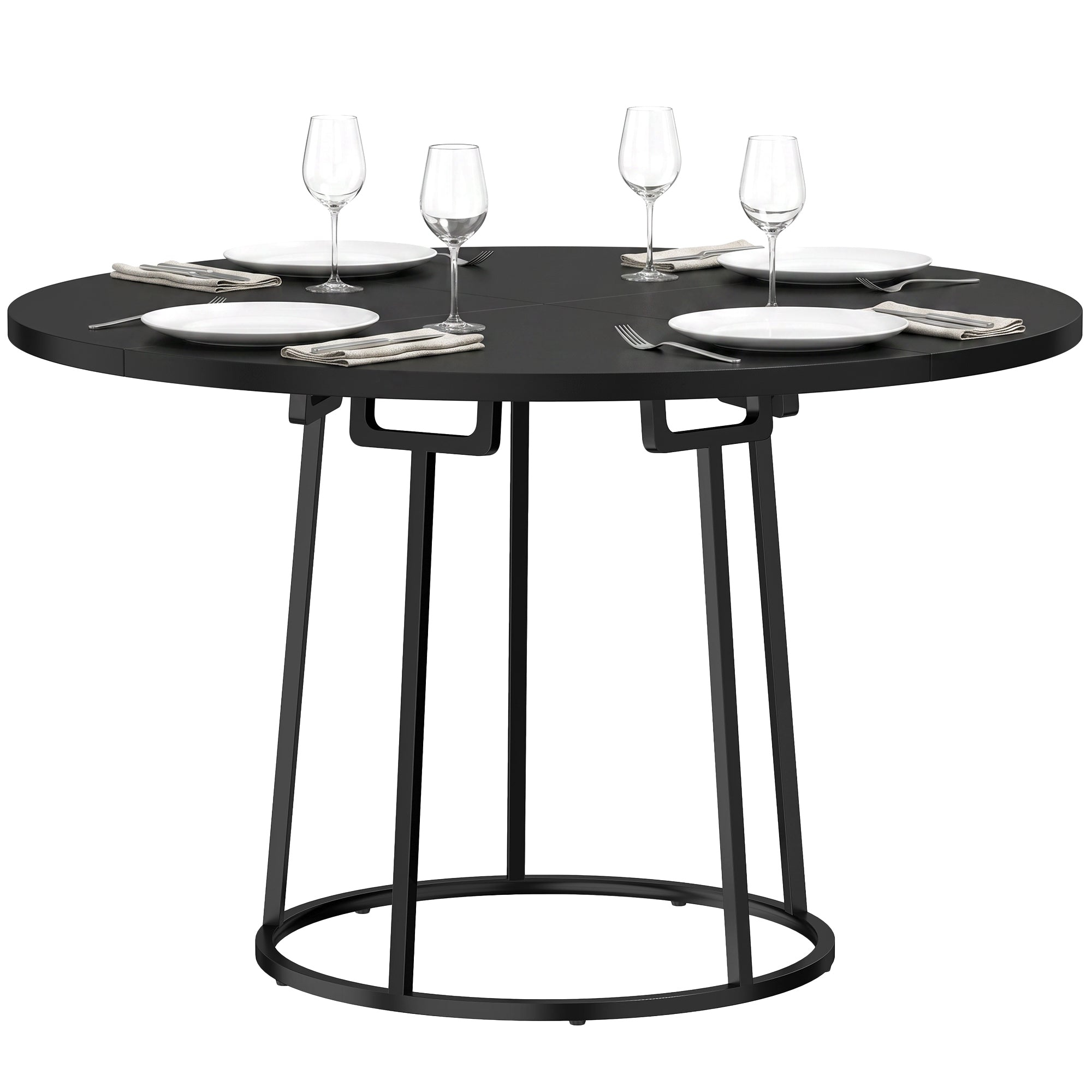 Modern Industrial Dining Table for 4-6 People, 120 cm Round Kitchen Table with Spliced Top and Conical Metal Base for Dining Room, Kitchen, Living Room, Black