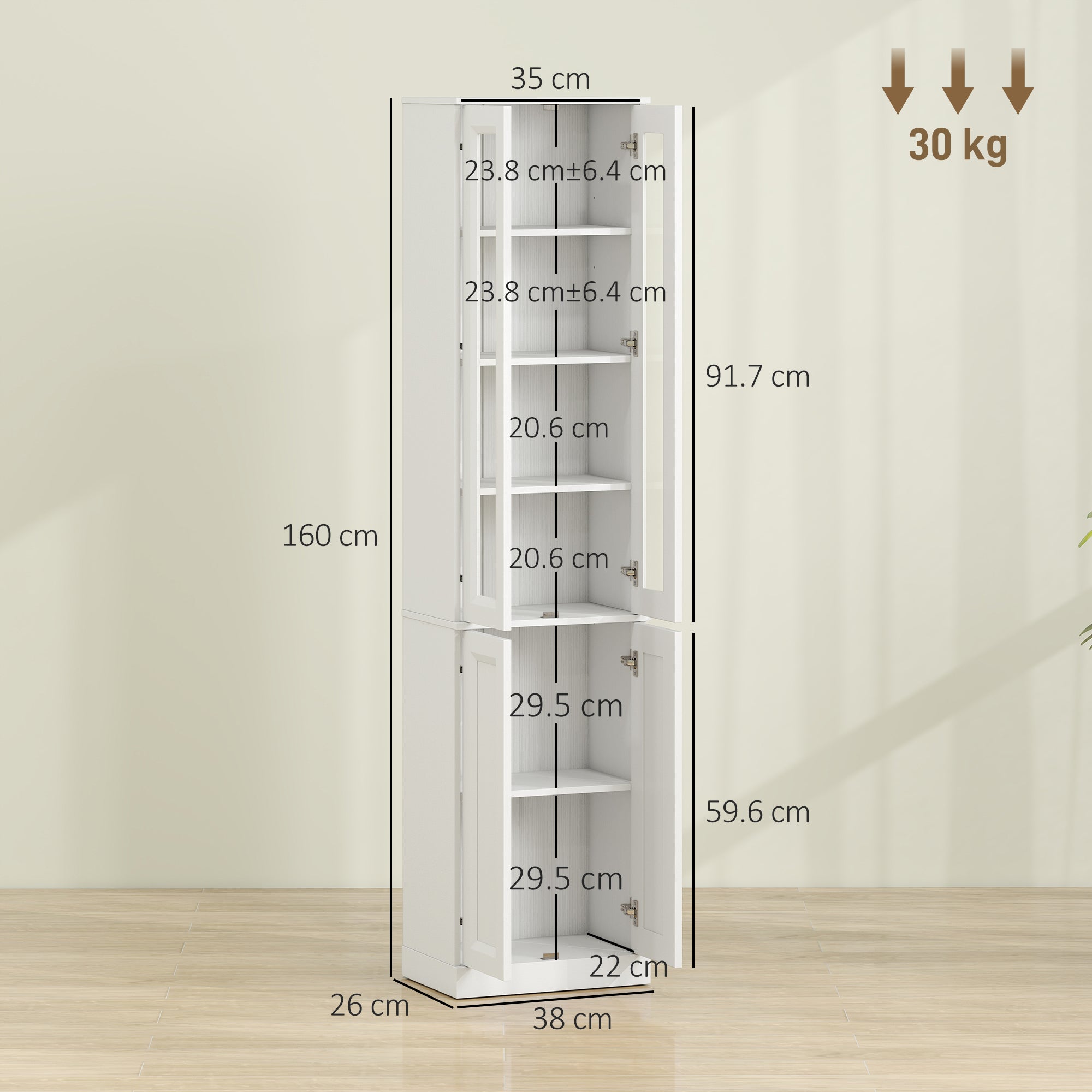 Tall Bathroom Storage Cabinet, 6-Tier Slim Freestanding Bathroom Cabinet with Adjustable Shelf, 4 Soft-Close Doors, Storage Unit for Small Space, 38 x 26 x 160 cm, White