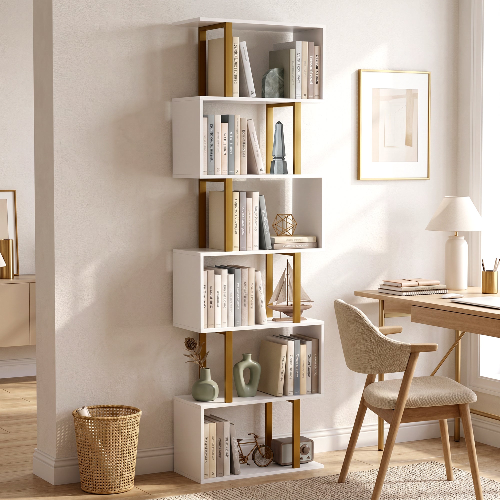 S-Shaped Bookshelf, 6-Tier Bookcase, Freestanding Storage Shelves with Anti-Tip Strap for Study, Living Room, White