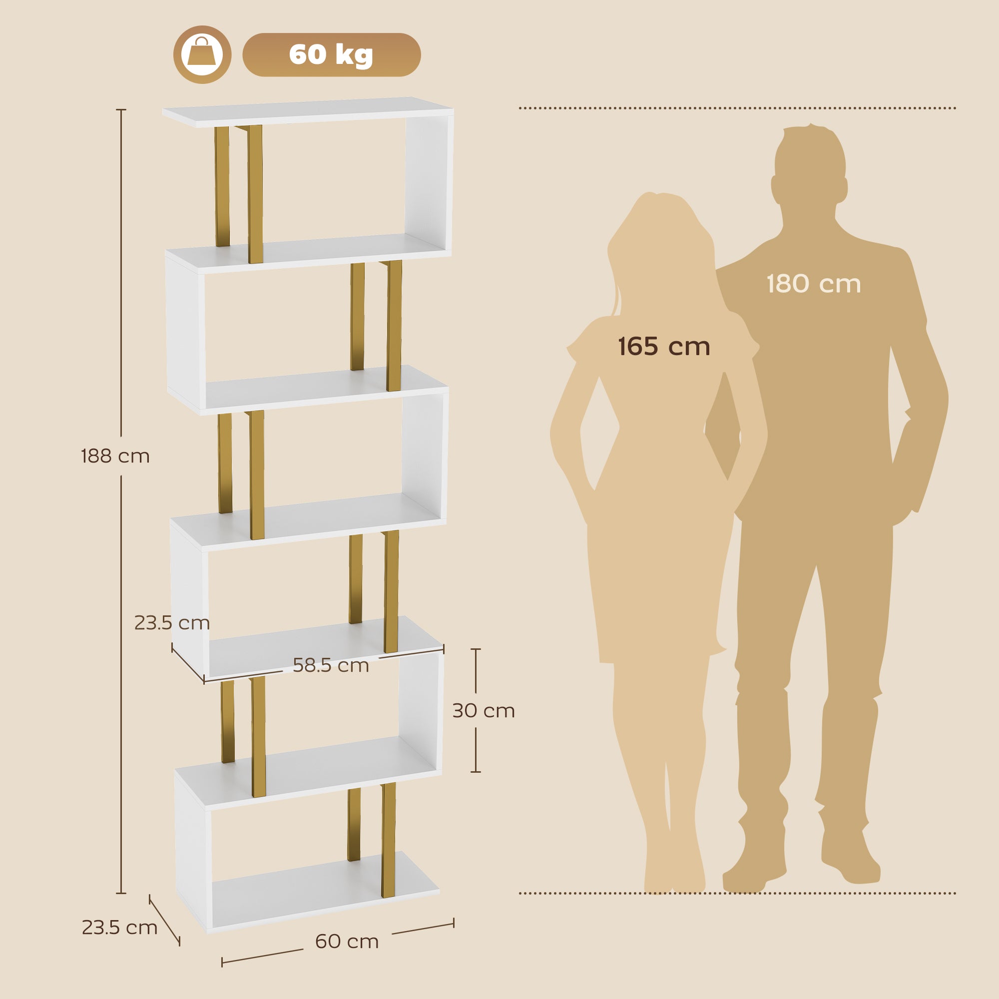 S-Shaped Bookshelf, 6-Tier Bookcase, Freestanding Storage Shelves with Anti-Tip Strap for Study, Living Room, White
