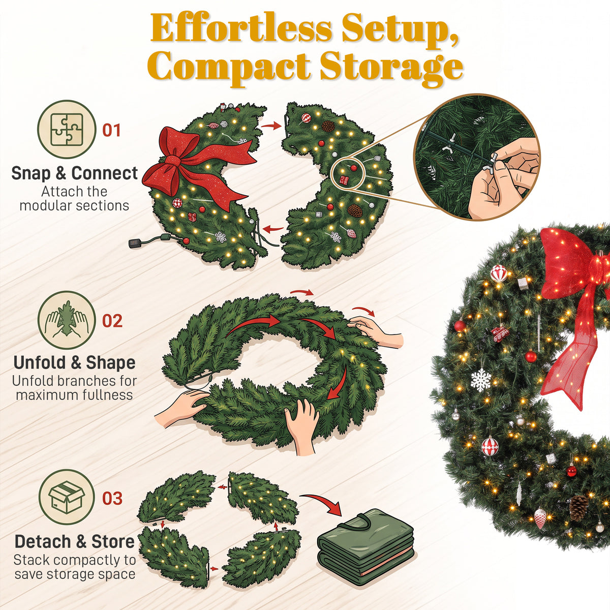 48 Inch Pre-Lit Christmas Wreath for Front Door with 200 LED Lights, Lighted Bow and 31 Ornament Set, Artificial Xmas Wreath for Covered Porch, Wall Decoration, Green