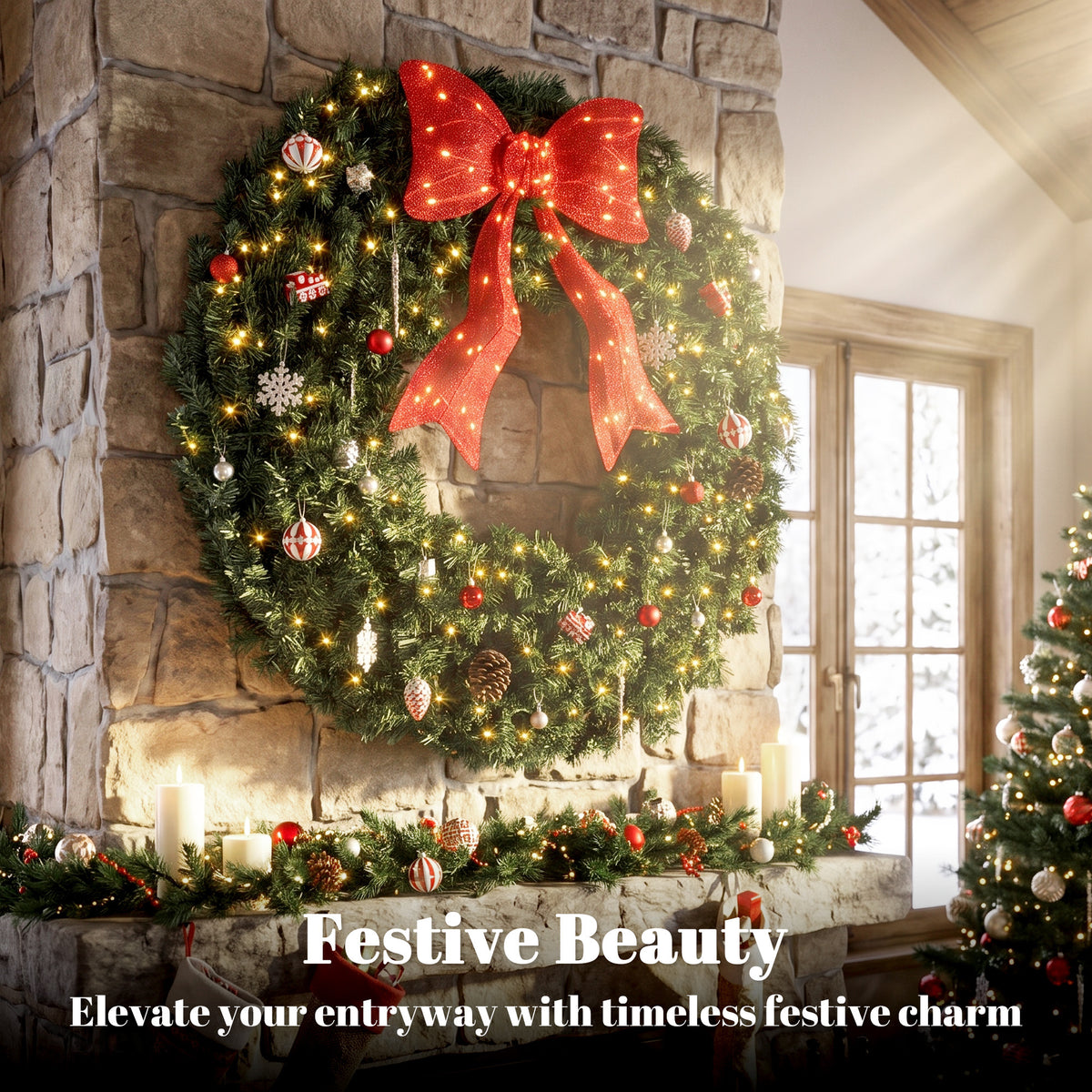 48 Inch Pre-Lit Christmas Wreath for Front Door with 200 LED Lights, Lighted Bow and 31 Ornament Set, Artificial Xmas Wreath for Covered Porch, Wall Decoration, Green