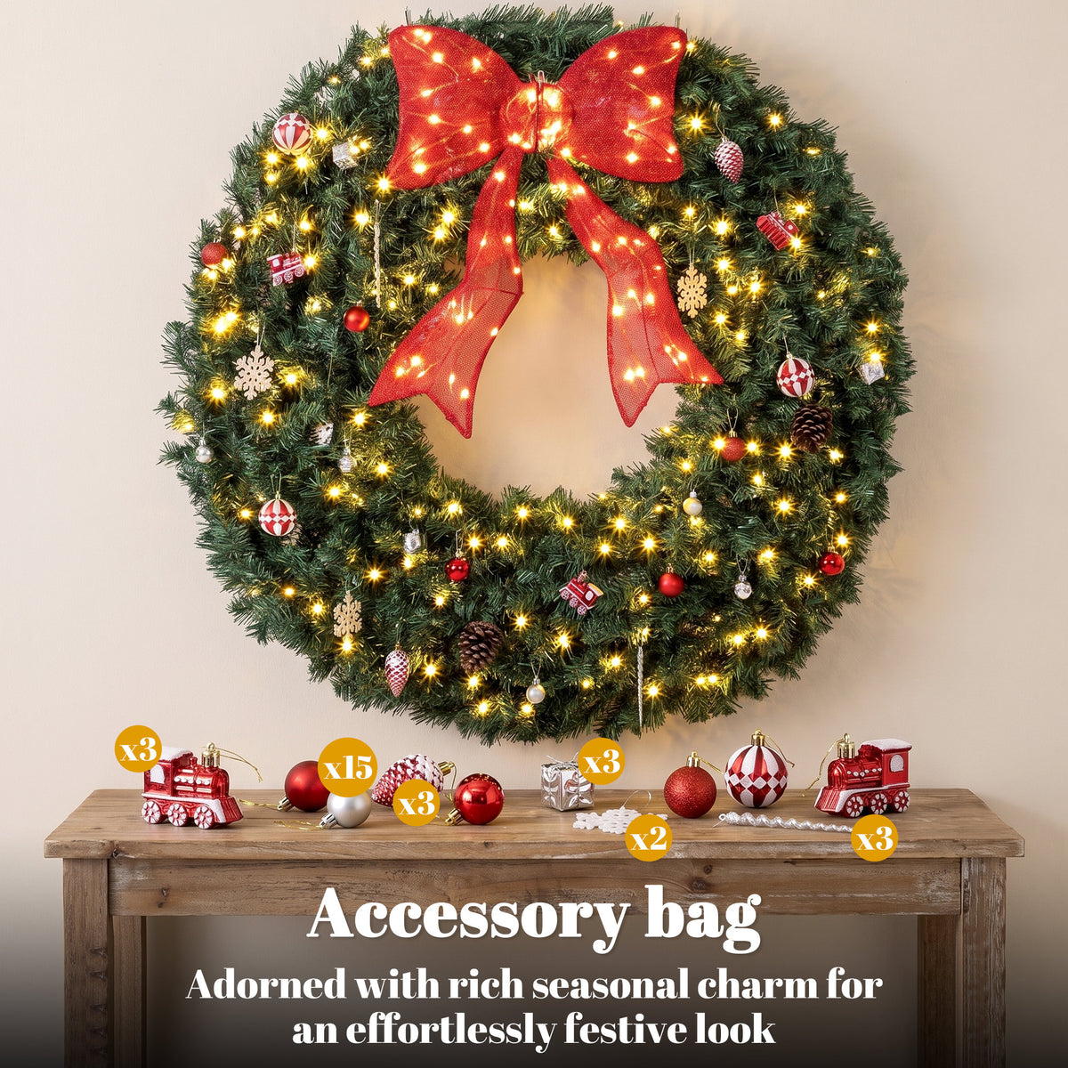 48 Inch Pre-Lit Christmas Wreath for Front Door with 200 LED Lights, Lighted Bow and 31 Ornament Set, Artificial Xmas Wreath for Covered Porch, Wall Decoration, Green