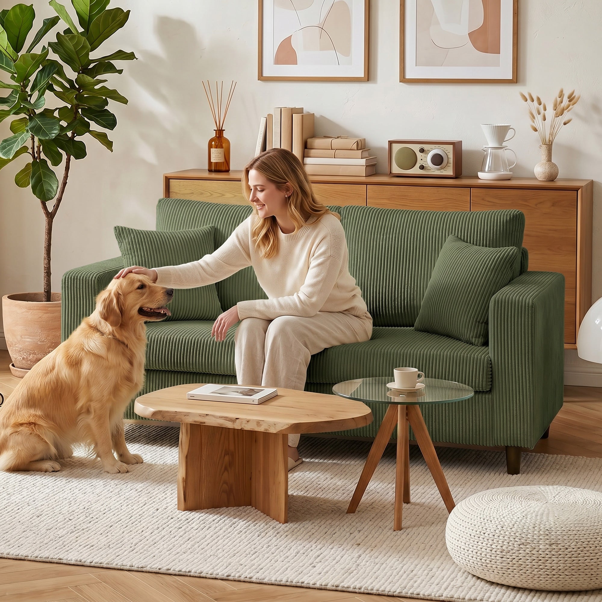 2 Seater Sofa, 170 cm Comfy Corduroy Couch with Wide Deep Seat, Wide Armrests, Spring Cushion, Thick Padded, Solid Wood Legs, Loveseat Sofa for Living Room, Green