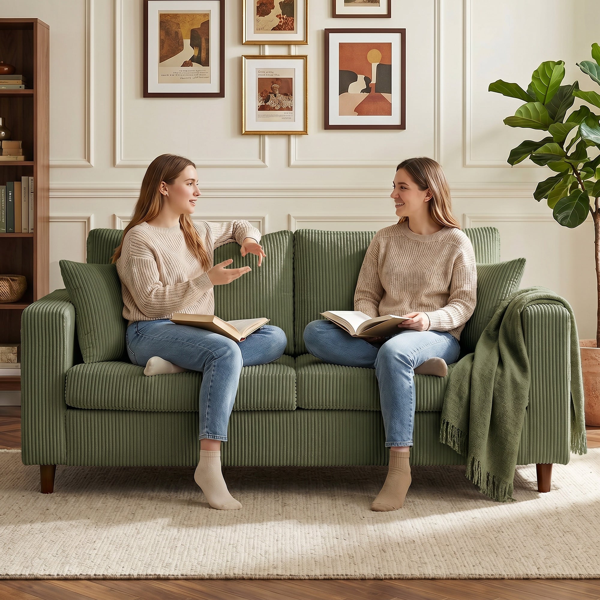 2 Seater Sofa, 170 cm Comfy Corduroy Couch with Wide Deep Seat, Wide Armrests, Spring Cushion, Thick Padded, Solid Wood Legs, Loveseat Sofa for Living Room, Green