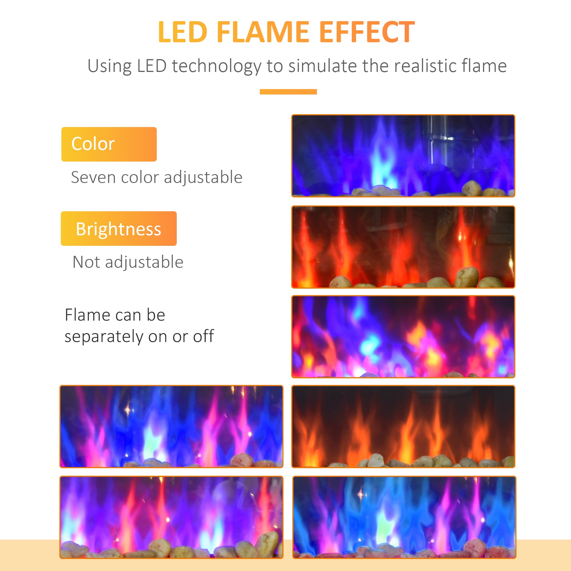 LED Wall Mounted Fireplace Curved Glass Electric Fire Place for Living Room, 1000W/2000W, 48H x 90.8W x 11.5Dcm, Black