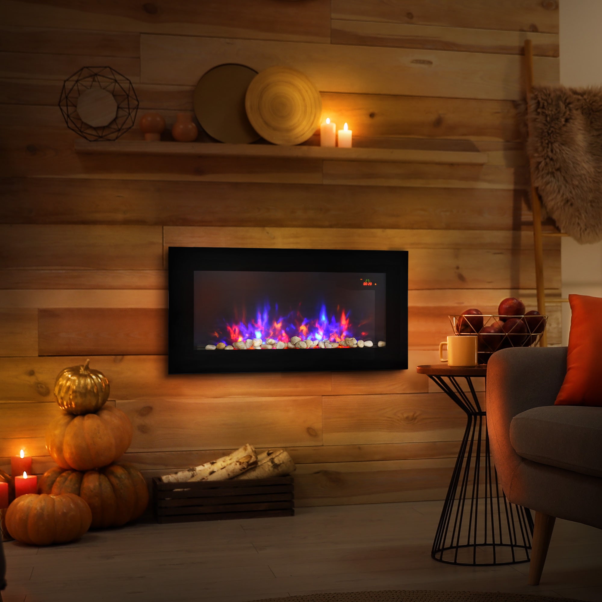 LED Wall Mounted Fireplace Curved Glass Electric Fire Place for Living Room, 1000W/2000W, 48H x 90.8W x 11.5Dcm, Black