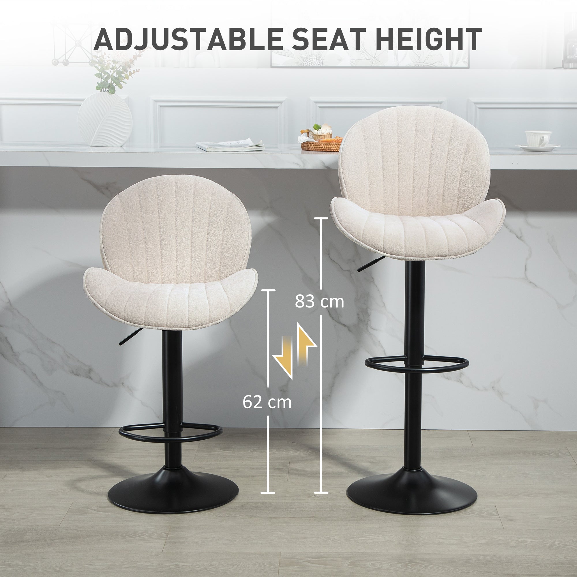 Bar Stools Set of 2, Swivel Counter Height Barstools with Back, Adjustable Height and Footrest, Chenille Upholstered Modern Bar Chairs for Kitchen Island, Dining Room, Beige