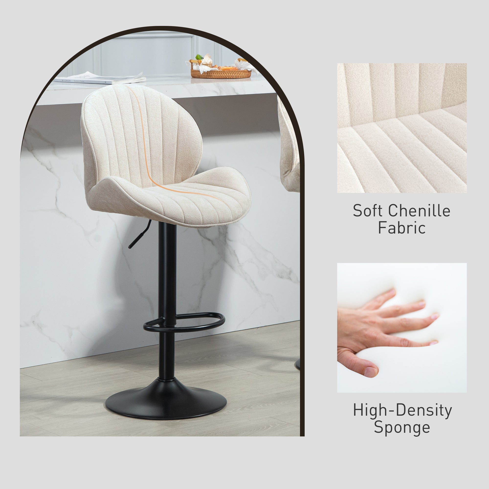 Bar Stools Set of 2, Swivel Counter Height Barstools with Back, Adjustable Height and Footrest, Chenille Upholstered Modern Bar Chairs for Kitchen Island, Dining Room, Beige
