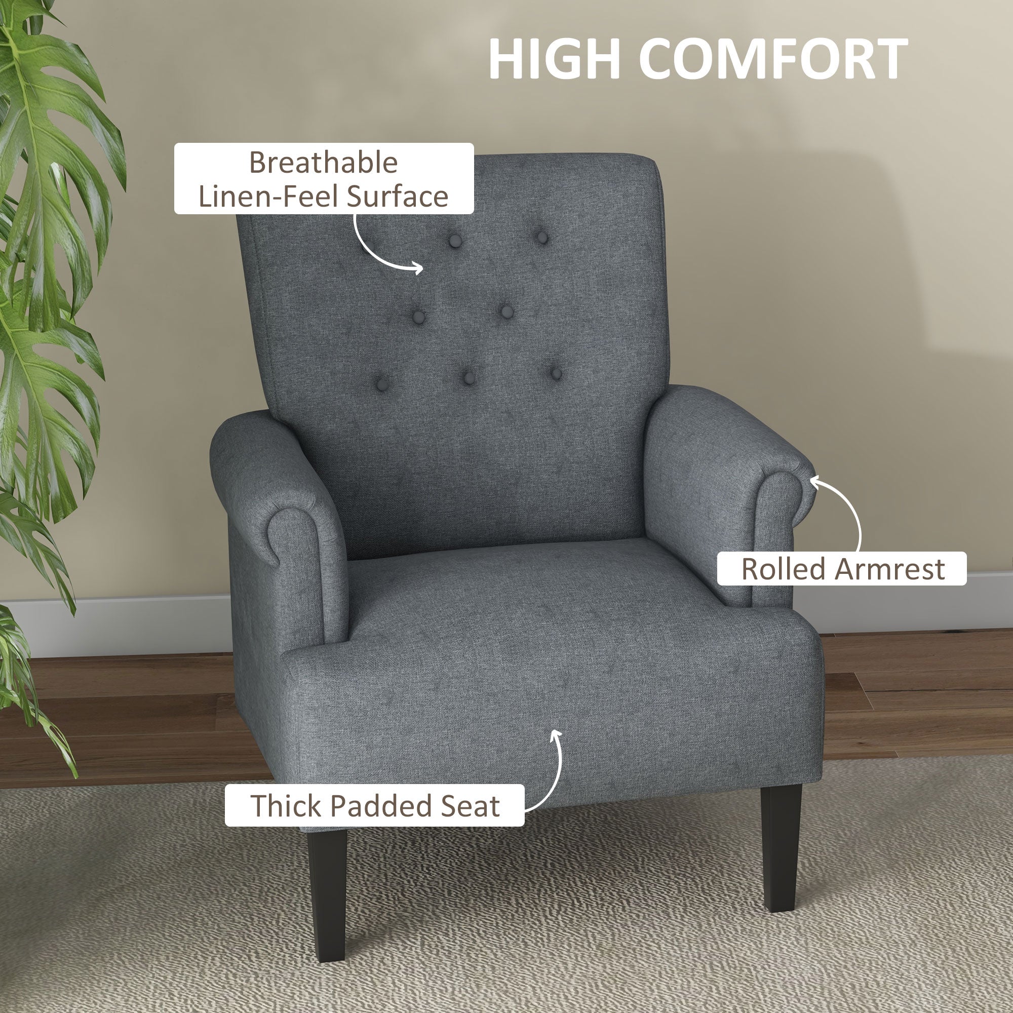 HOMCOM Fabric Accent Chair, Tufted Armchair, Modern Living Room Chair with Wood Legs, Rolled Arms, Thick Padding for Bedroom, Grey