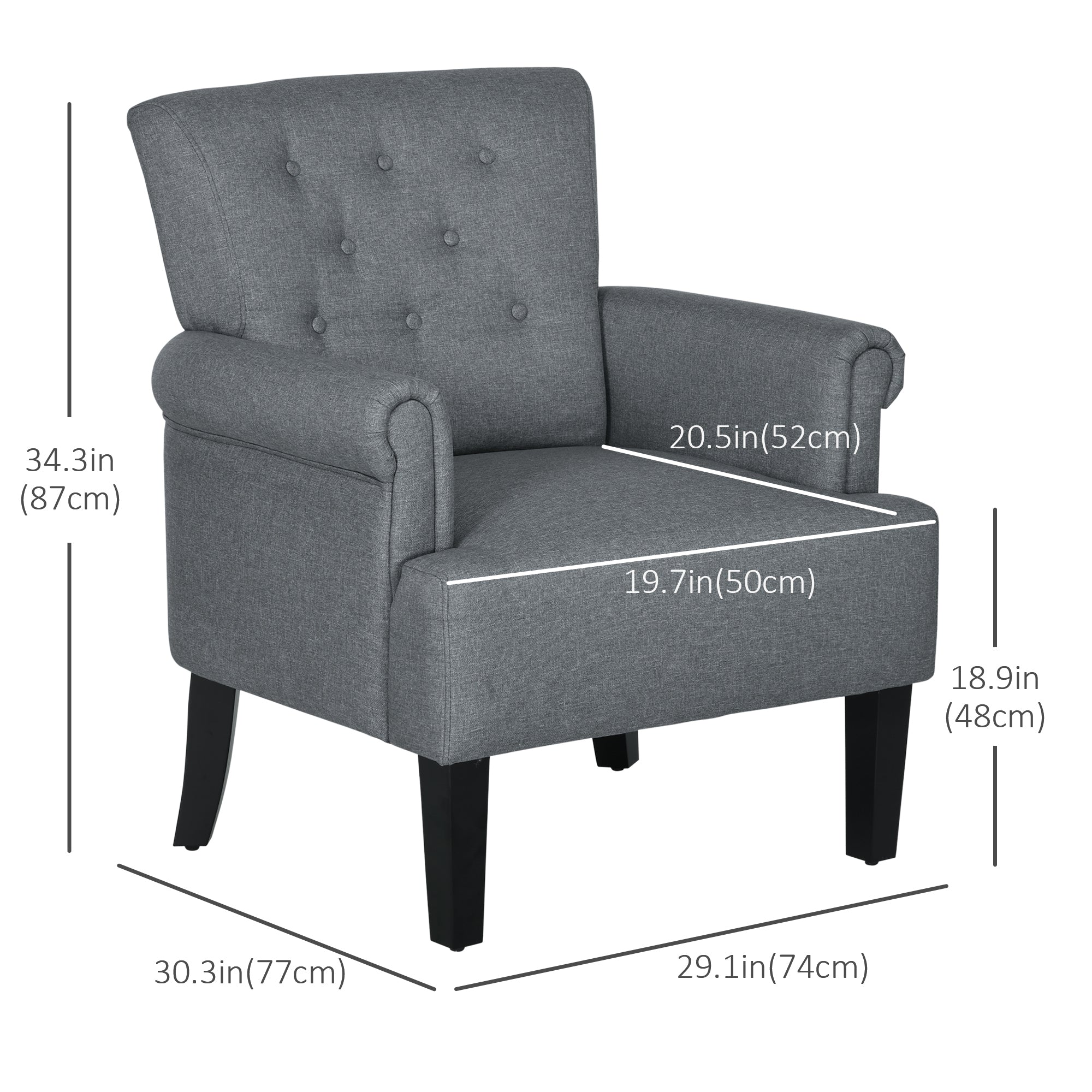 HOMCOM Fabric Accent Chair, Tufted Armchair, Modern Living Room Chair with Wood Legs, Rolled Arms, Thick Padding for Bedroom, Grey