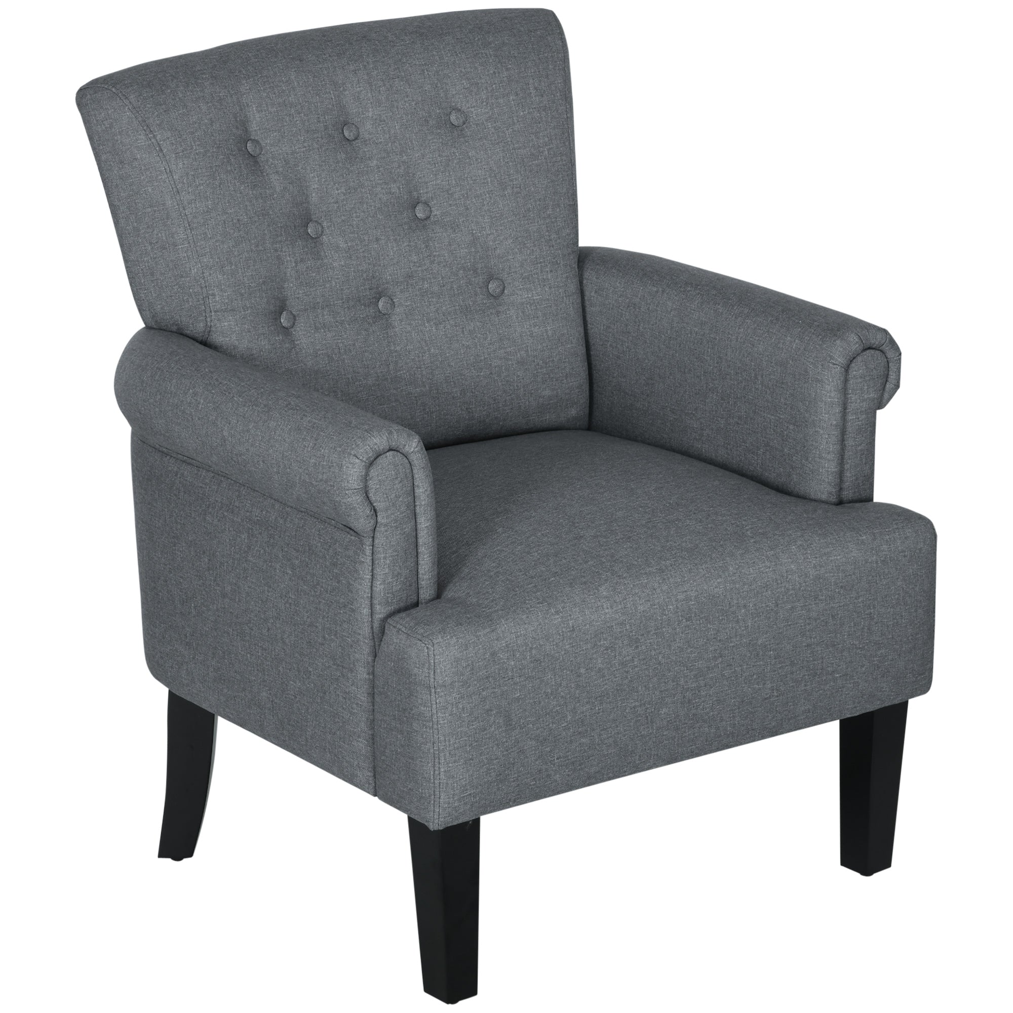 HOMCOM Fabric Accent Chair, Tufted Armchair, Modern Living Room Chair with Wood Legs, Rolled Arms, Thick Padding for Bedroom, Grey