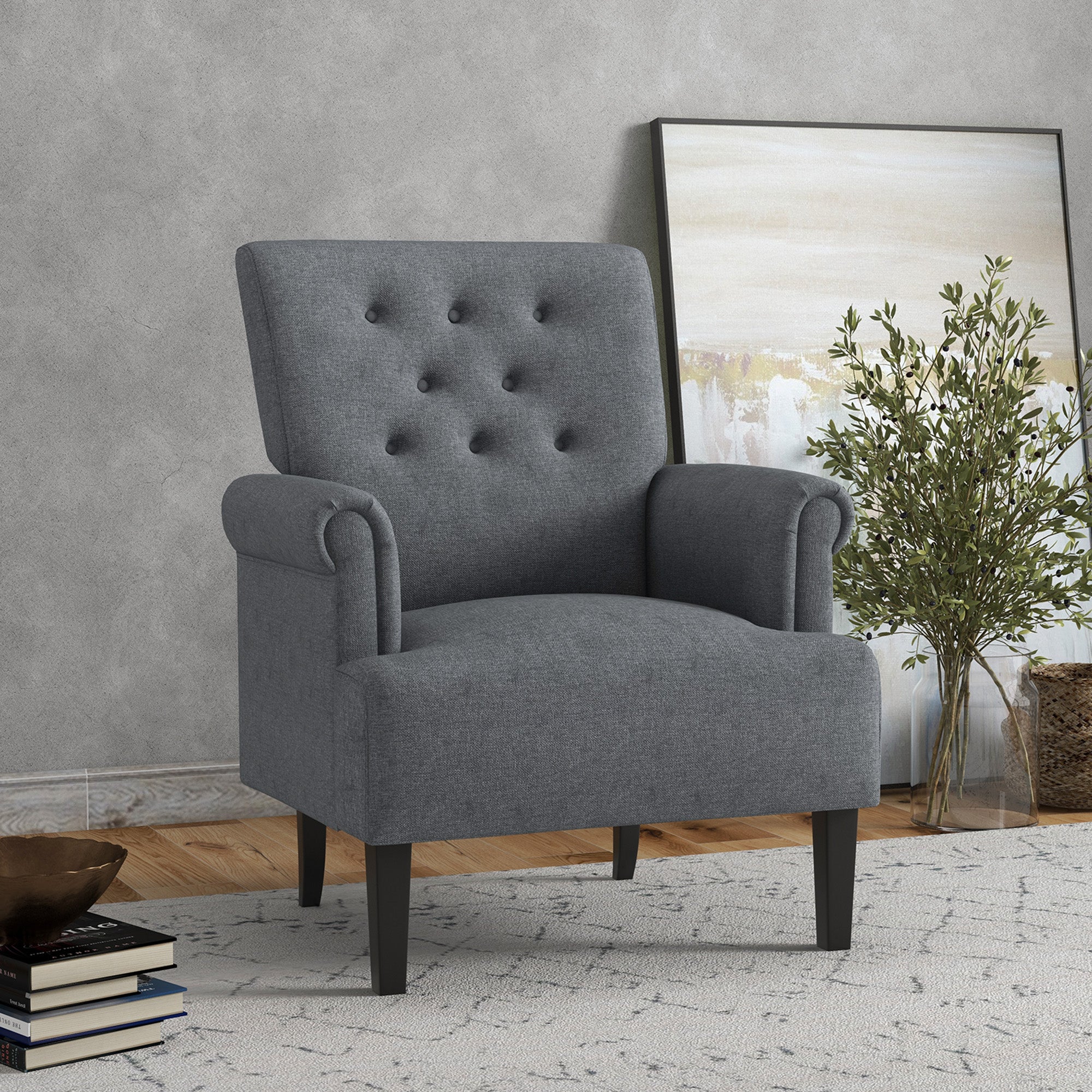 HOMCOM Fabric Accent Chair, Tufted Armchair, Modern Living Room Chair with Wood Legs, Rolled Arms, Thick Padding for Bedroom, Grey