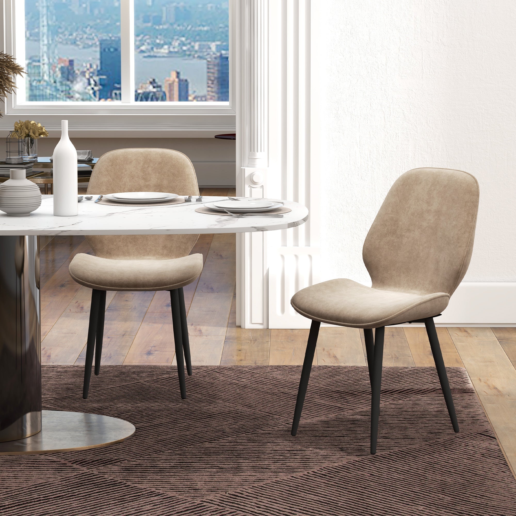 HOMCOM Dining Chairs Set of 2, Velvet Fabric Upholstered Kitchen Chairs with Solid Metal Legs for Dining Room, Living Room, Lounge, Light Brown